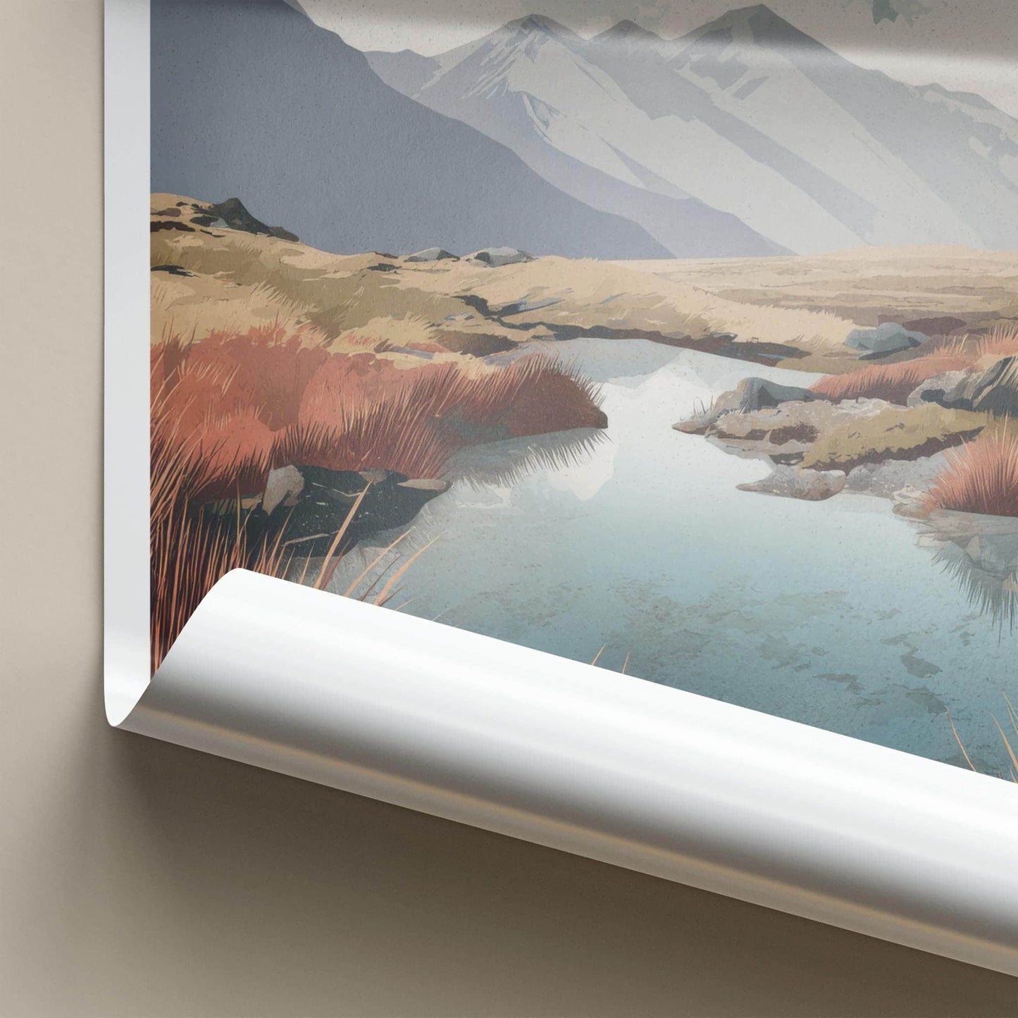 Key Summit Poster - New Zealand Travel Art - Alpine Lake Grass Home Decor