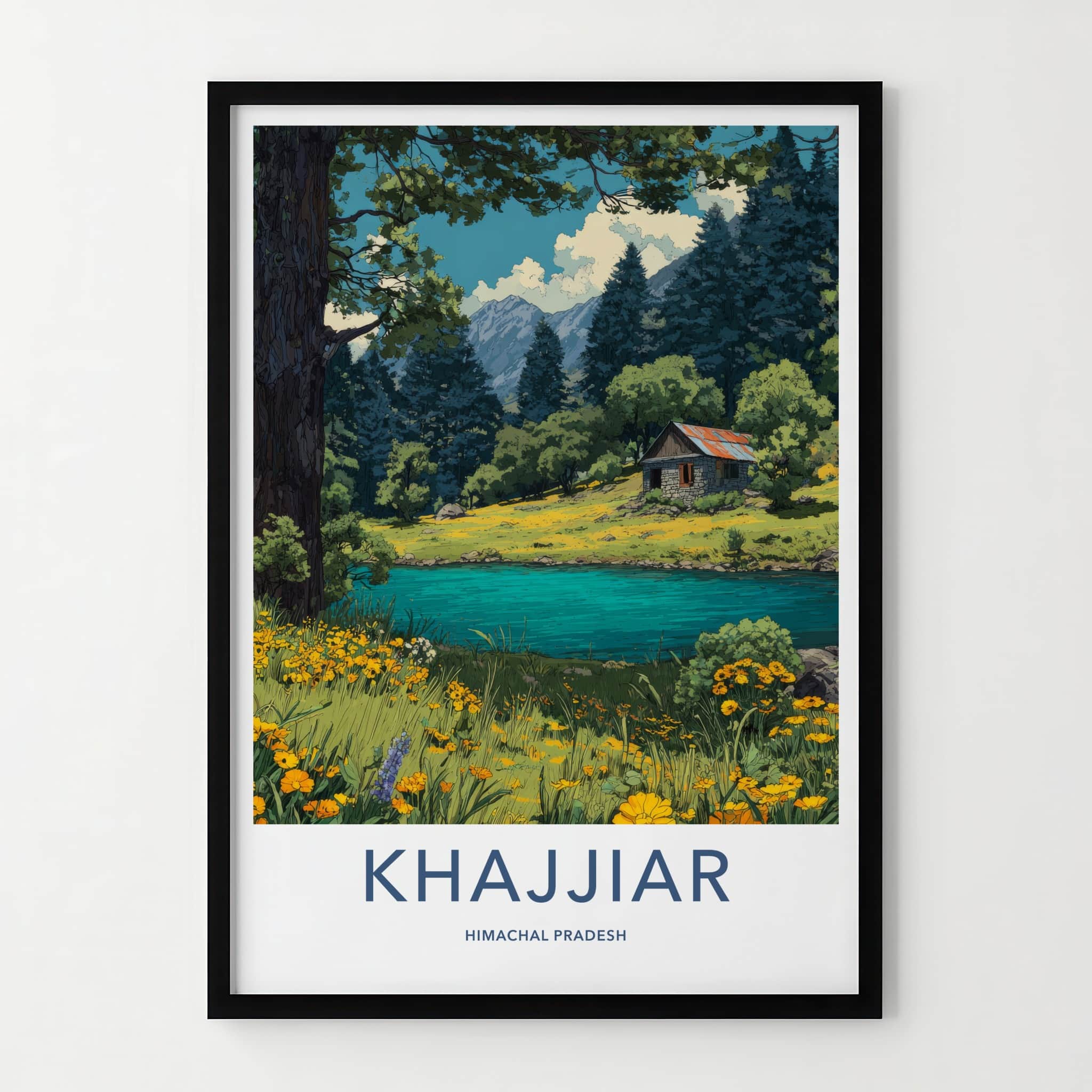 Khajjiar Poster - India Himachal Pradesh Stone Cabin Travel Art