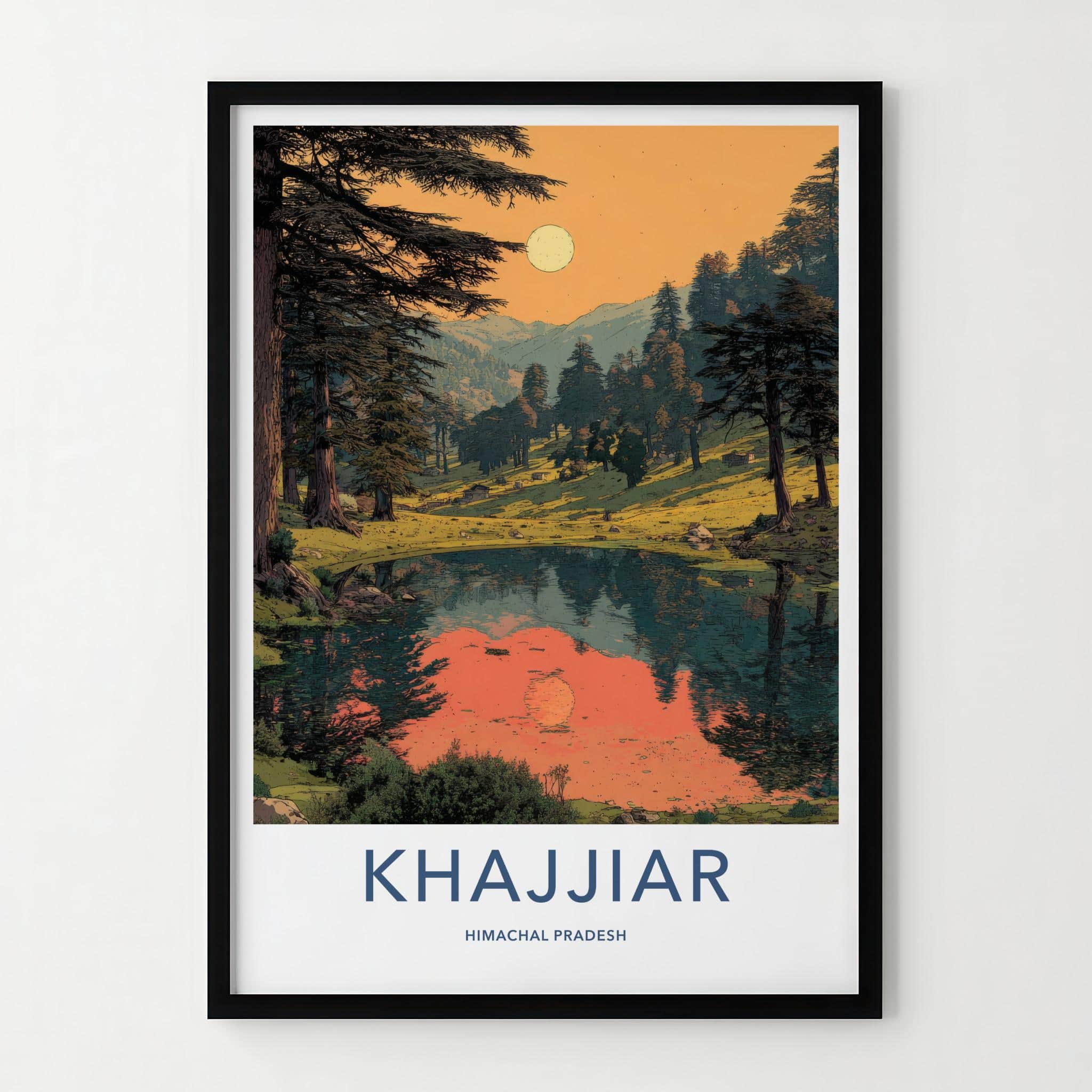 Khajjiar Poster - India Travel Art - Himachal Pradesh Calm Lake Sunset Wall Decor