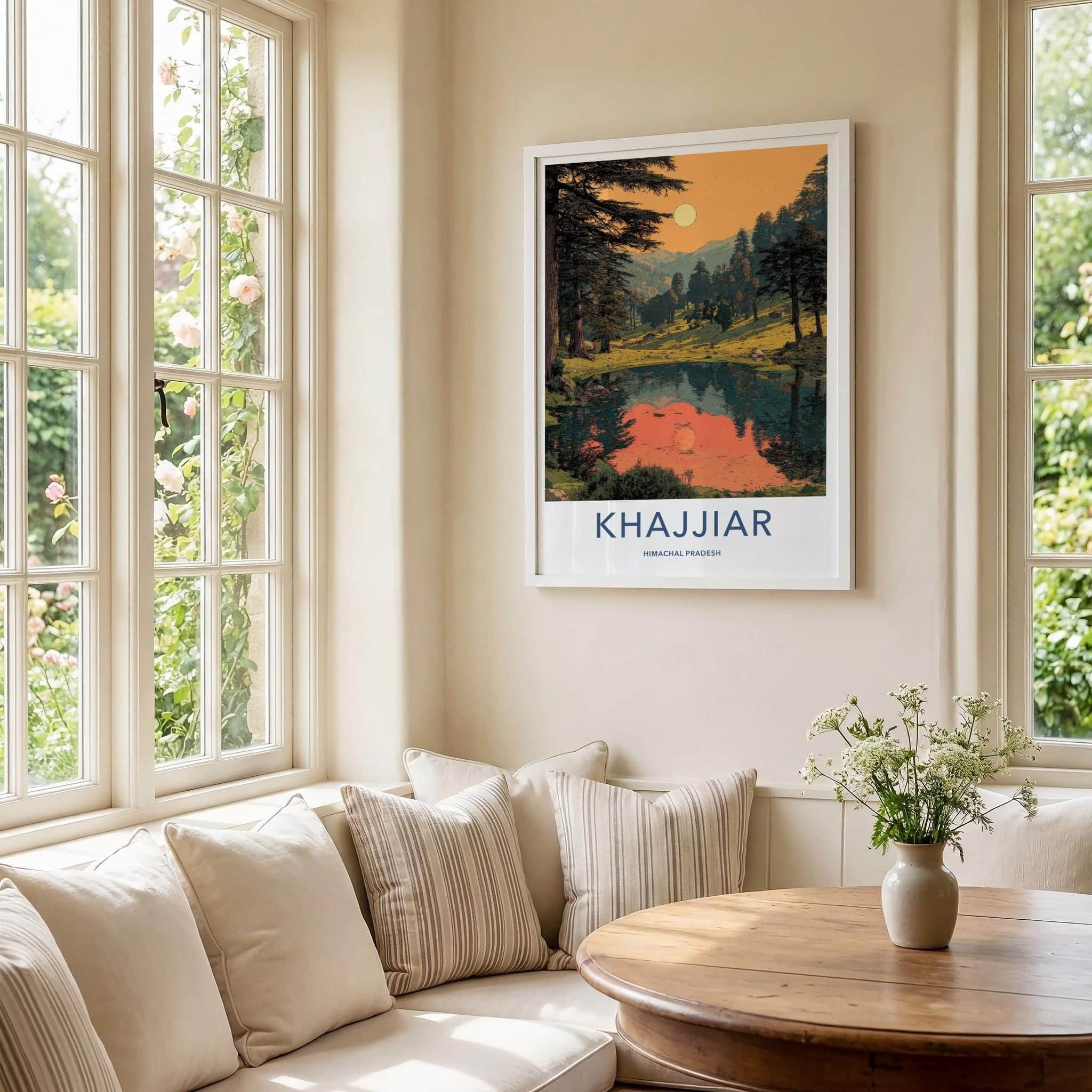 Khajjiar Poster - India Travel Art - Himachal Pradesh Calm Lake Sunset Wall Decor