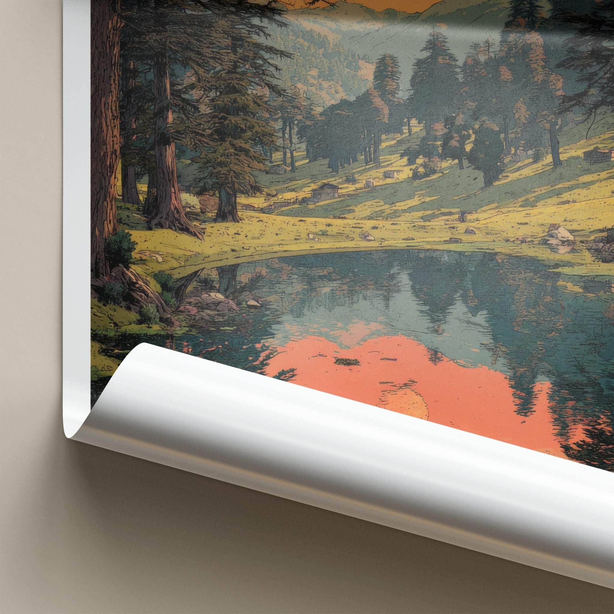 Khajjiar Poster - India Travel Art - Himachal Pradesh Calm Lake Sunset Wall Decor