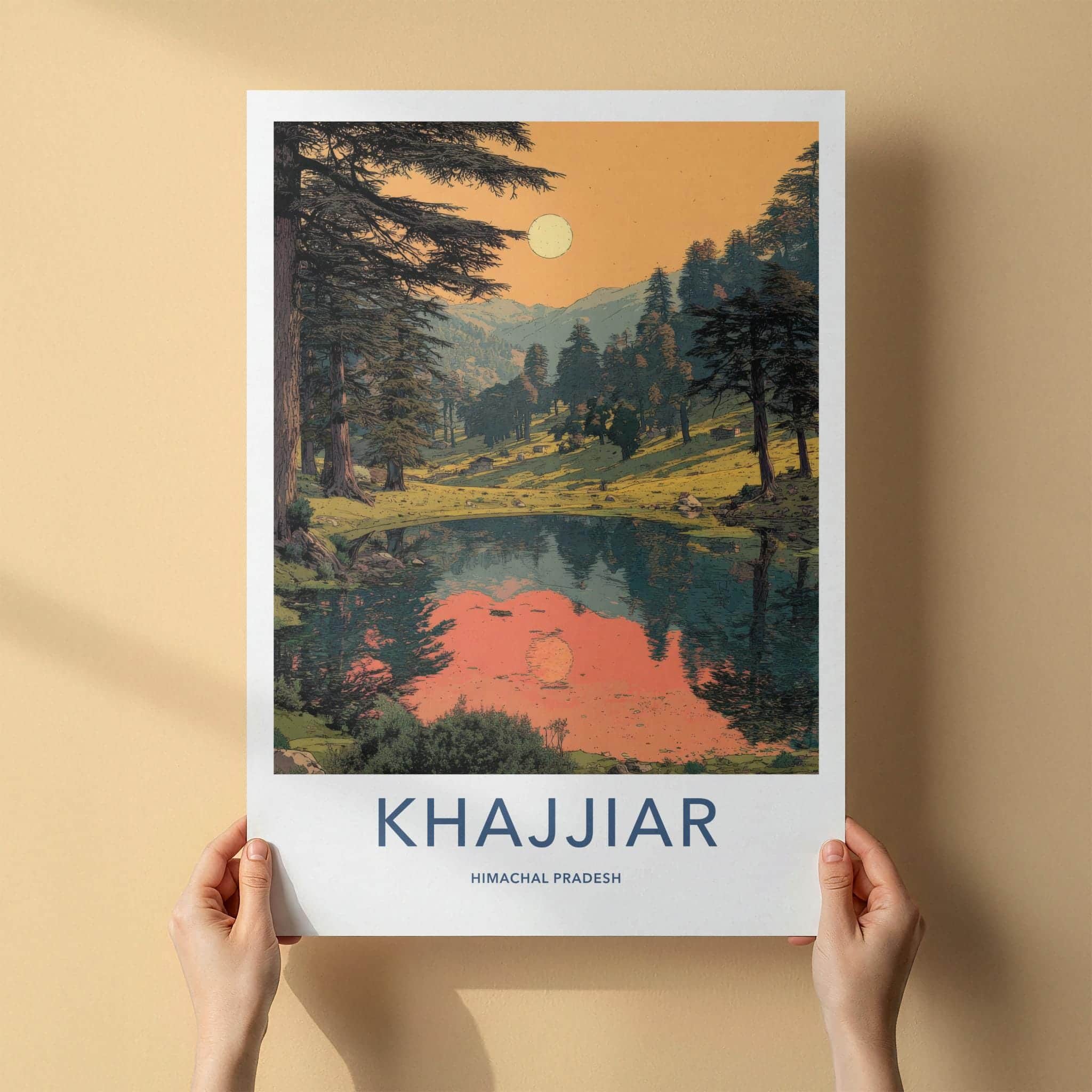 Khajjiar Poster - India Travel Art - Himachal Pradesh Calm Lake Sunset Wall Decor