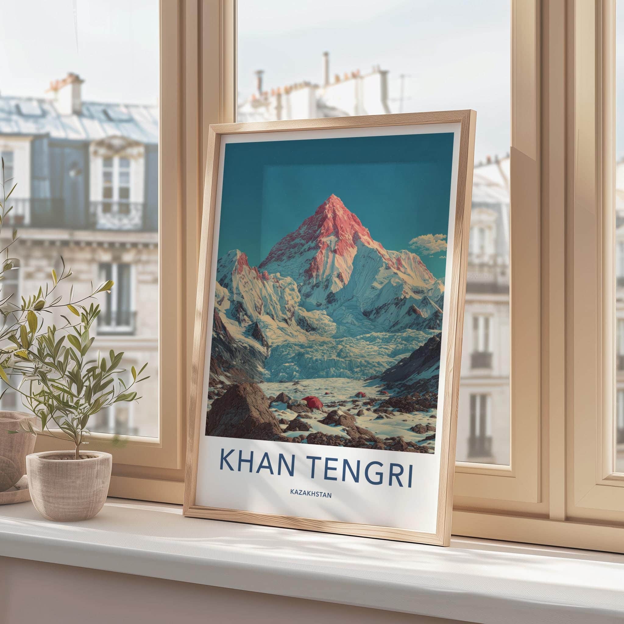 Khan Tengri Poster - Kazakhstan Travel Art - Red Peak Glacier Home Decor