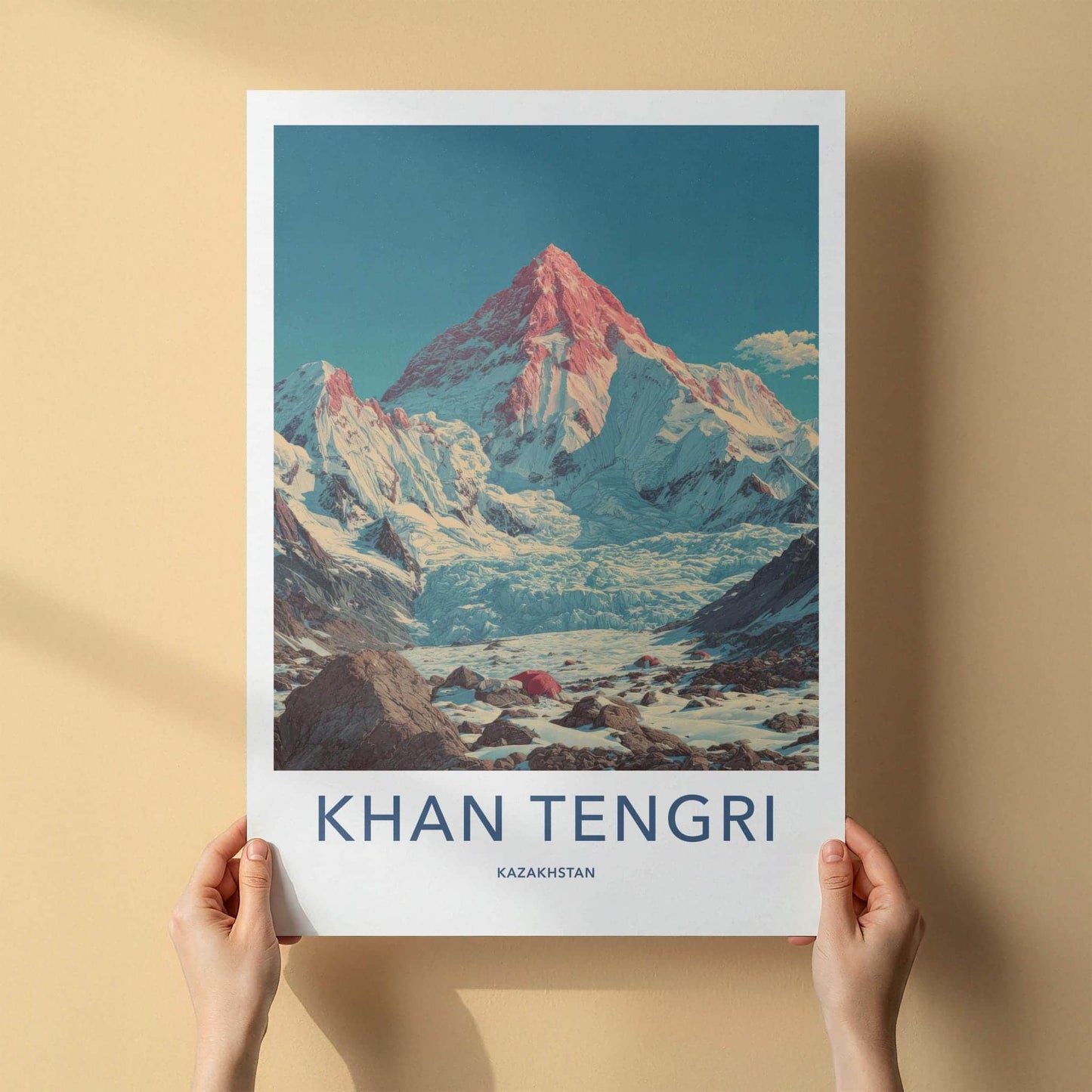 Khan Tengri Poster - Kazakhstan Travel Art - Red Peak Glacier Home Decor