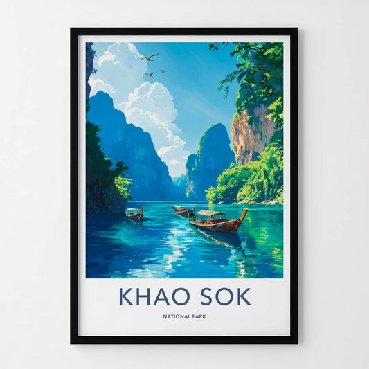 Khao Sok National Park Poster - Thailand Fine Art - Longtail Boats Cliffs Home Art