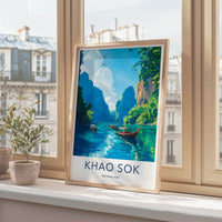 Khao Sok National Park Poster - Thailand Fine Art - Longtail Boats Cliffs Home Art