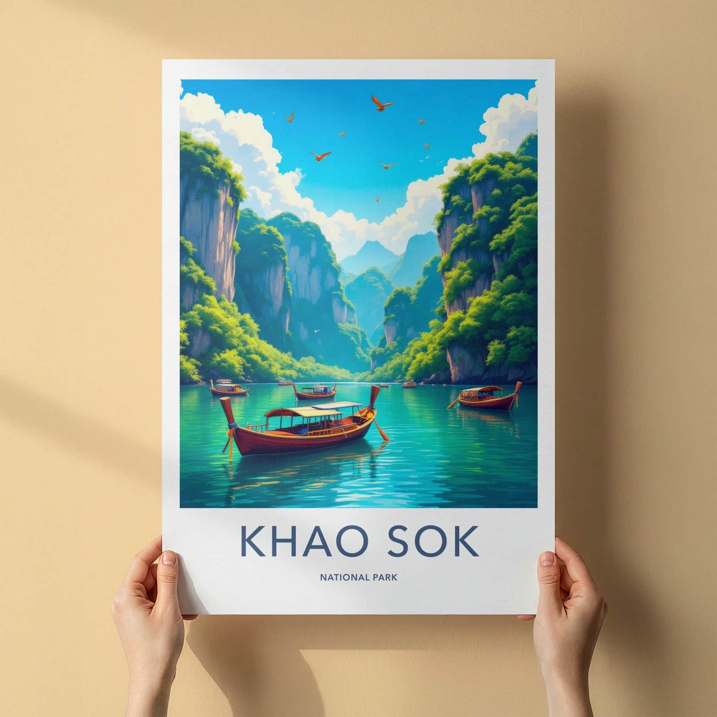 Khao Sok National Park Poster - Thailand Travel Art - Boats Emerald Water Home Decor