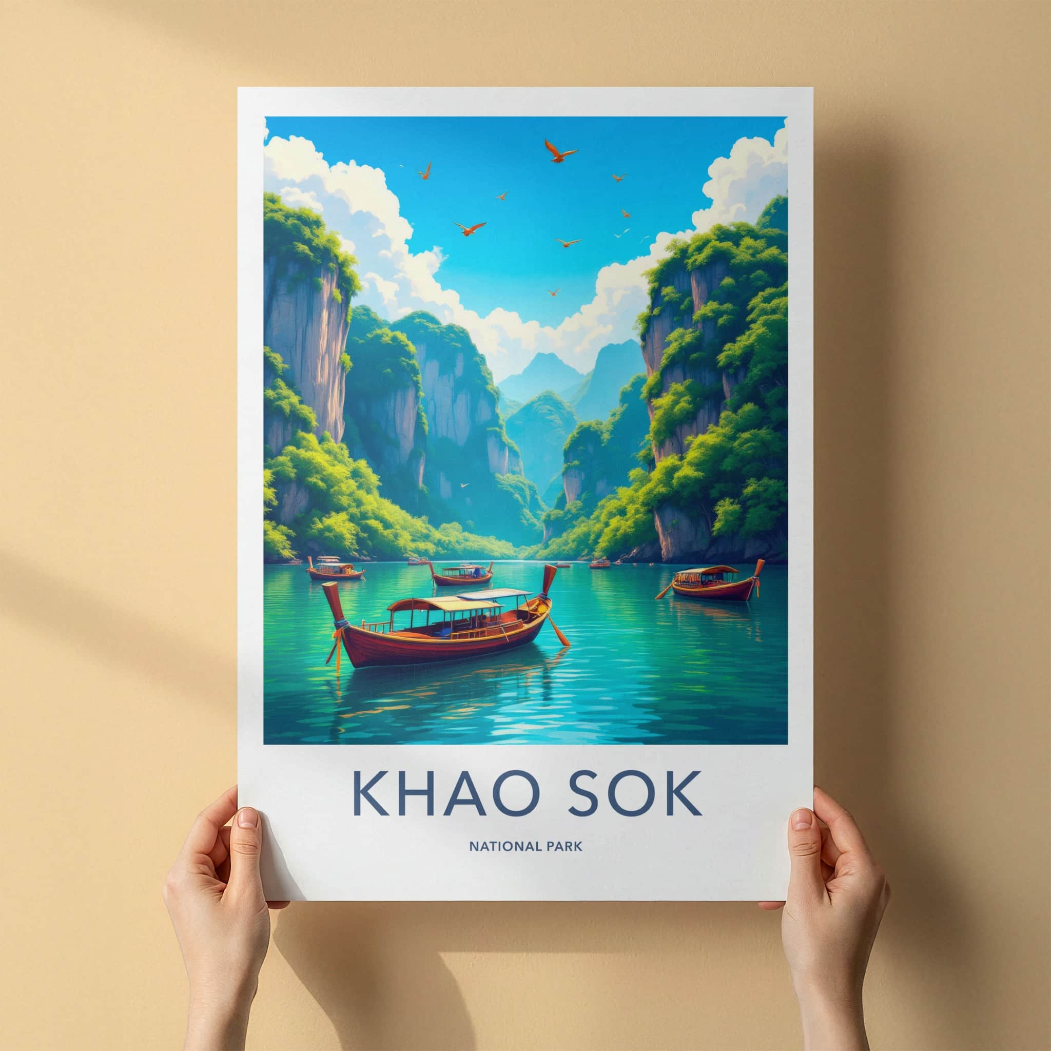 Khao Sok National Park Poster - Thailand Travel Art - Boats Emerald Water Home Decor