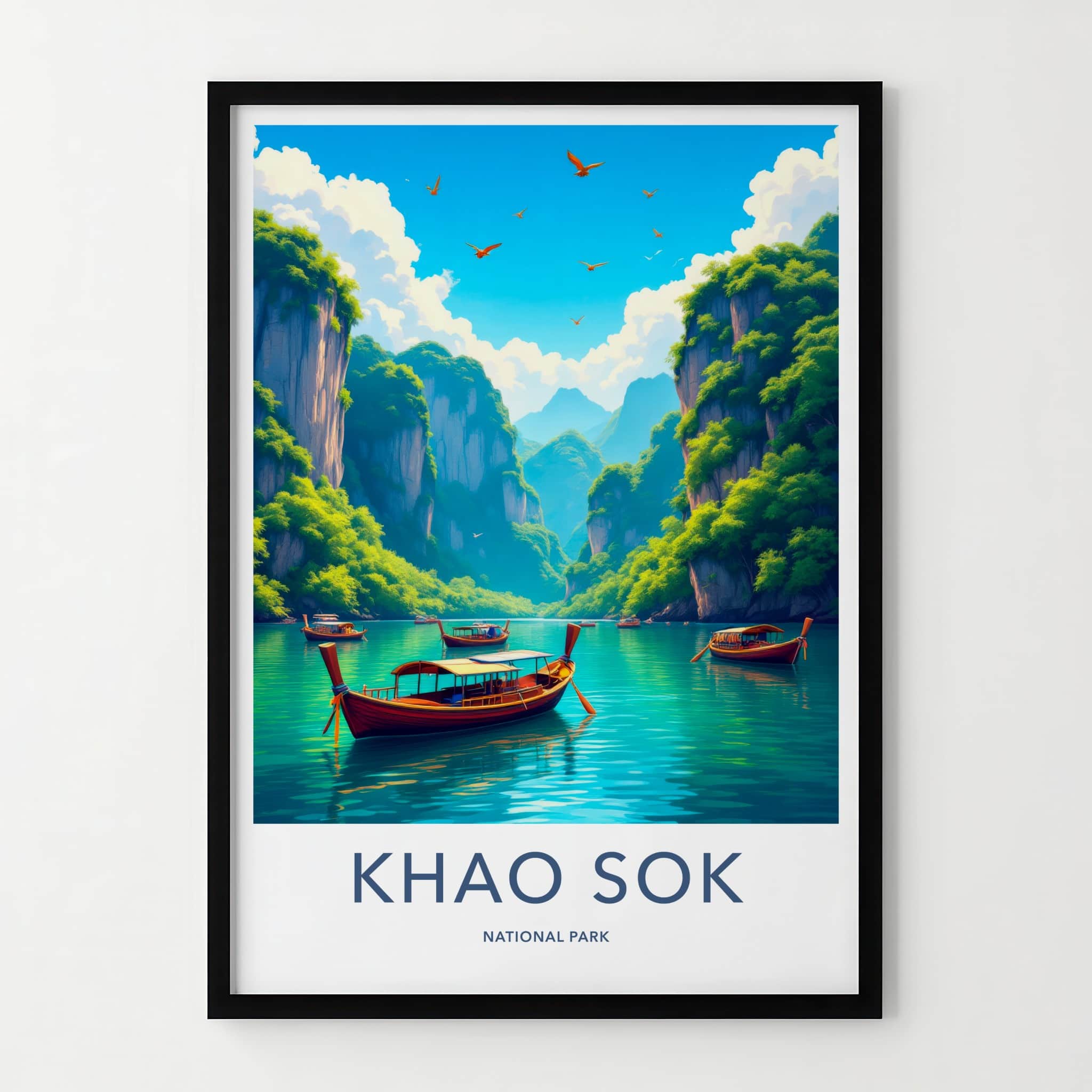 Khao Sok National Park Poster - Thailand Travel Art - Boats Emerald Water Home Decor