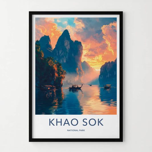 Khao Sok National Park Poster - Thailand Travel Art - Sunset Karst Boats Home Decor