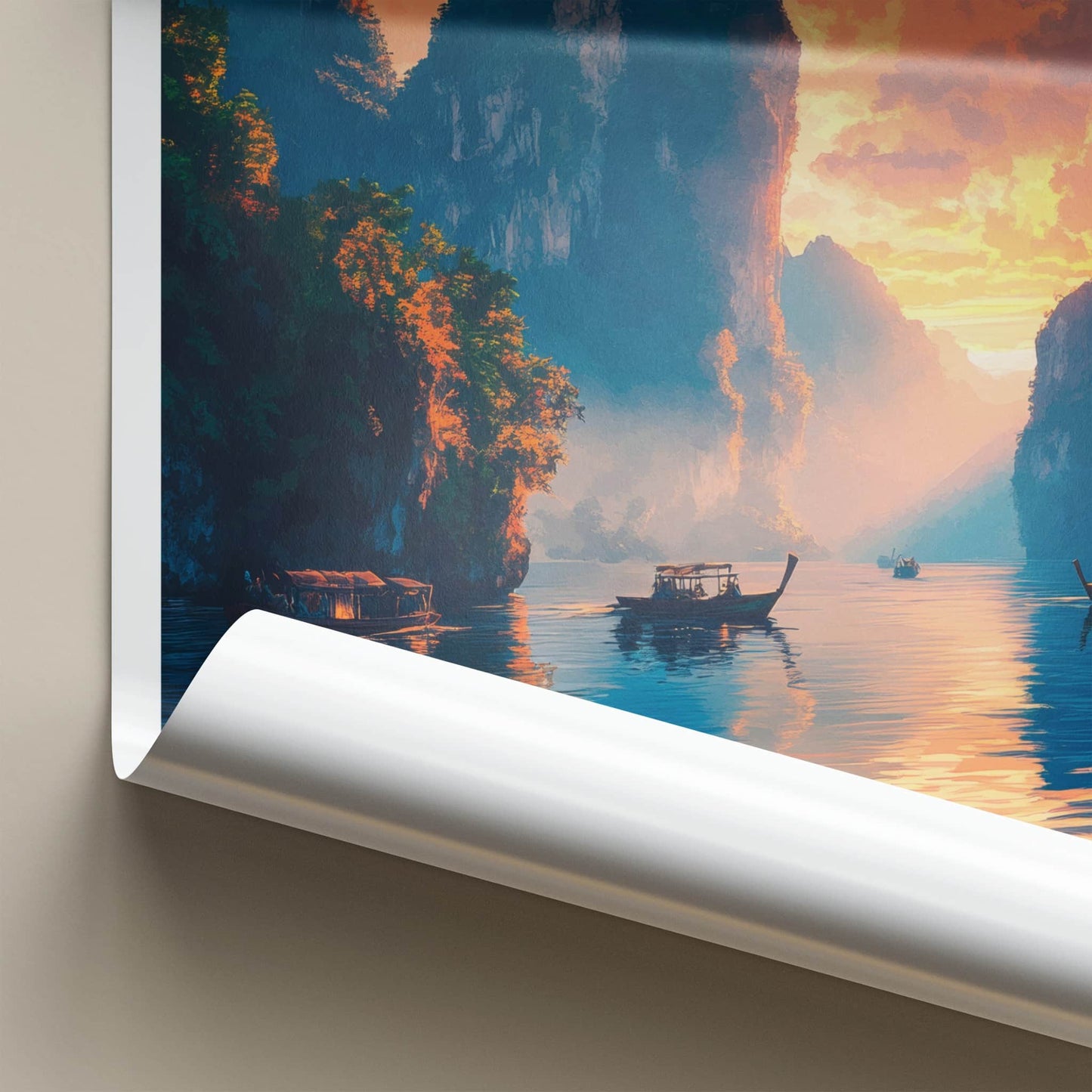 Khao Sok National Park Poster - Thailand Travel Art - Sunset Karst Boats Home Decor