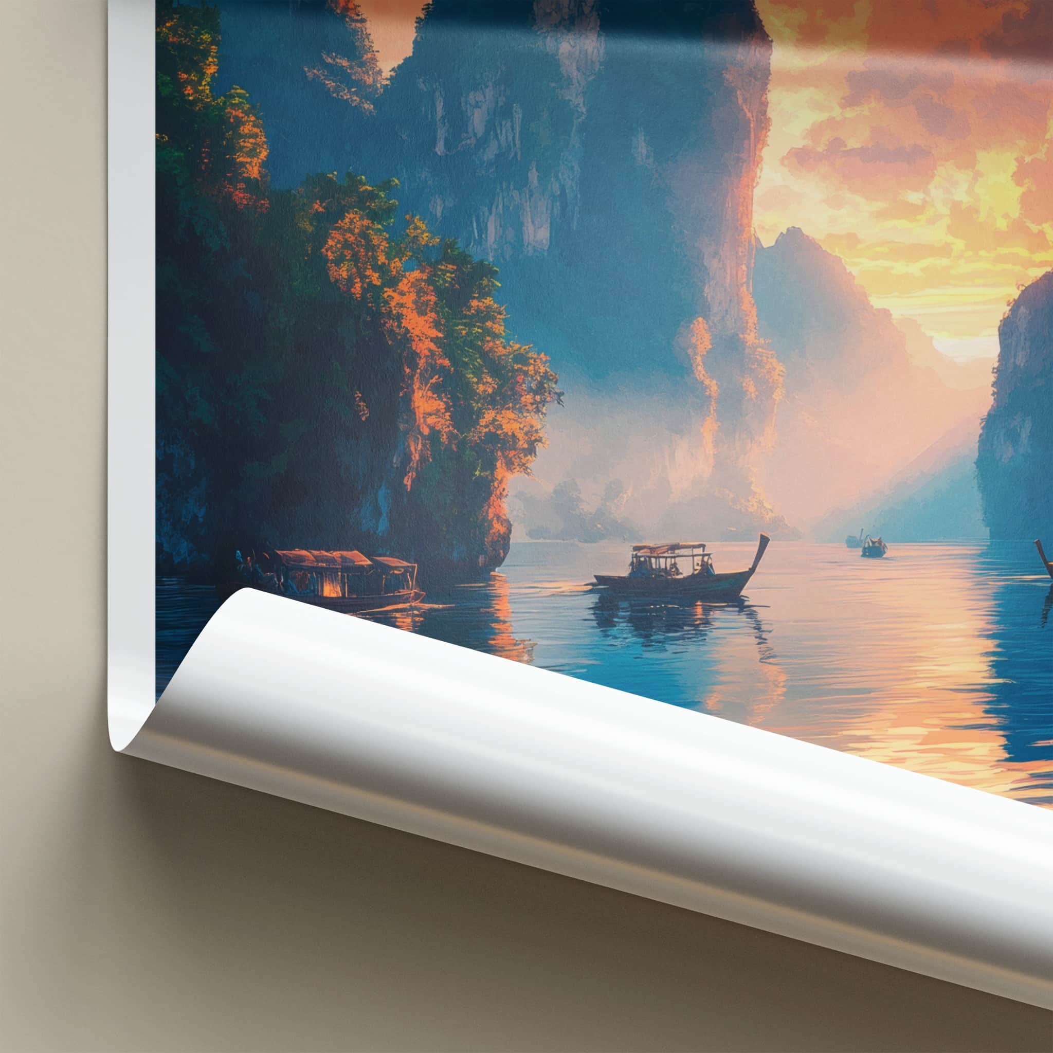 Khao Sok National Park Poster - Thailand Travel Art - Sunset Karst Boats Home Decor