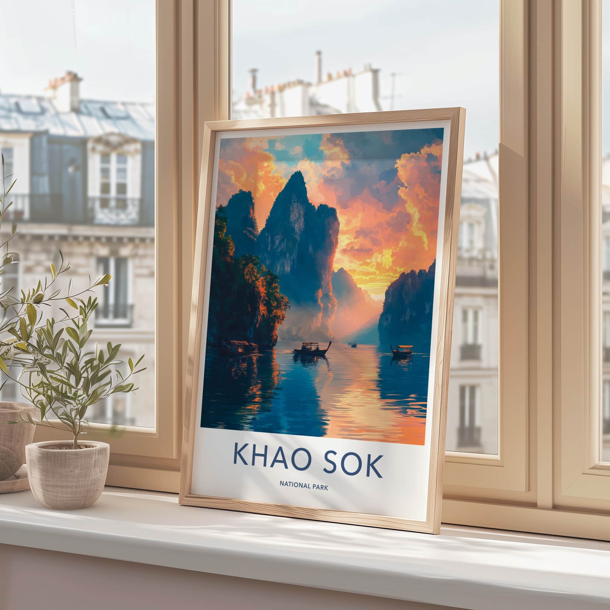 Khao Sok National Park Poster - Thailand Travel Art - Sunset Karst Boats Home Decor