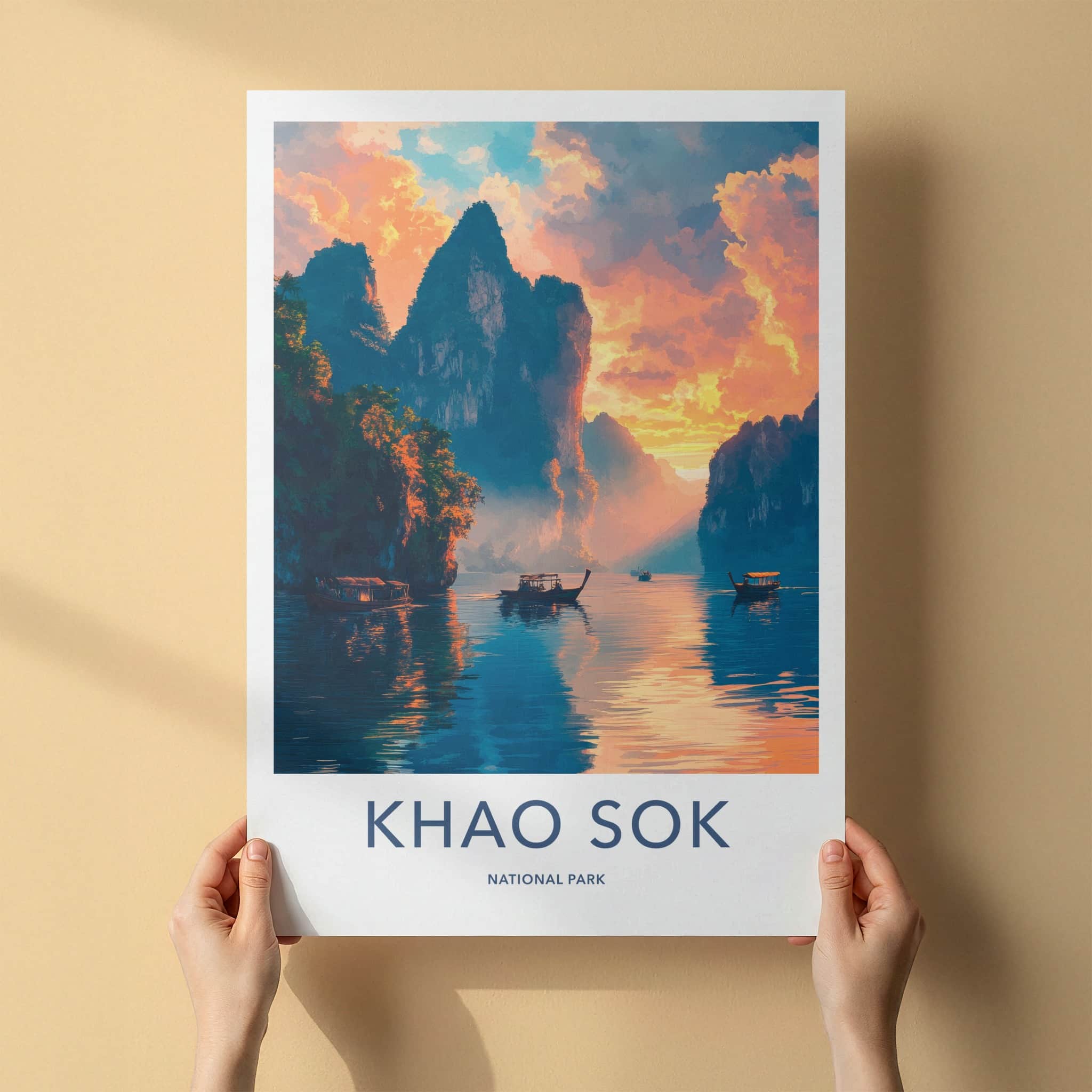Khao Sok National Park Poster - Thailand Travel Art - Sunset Karst Boats Home Decor