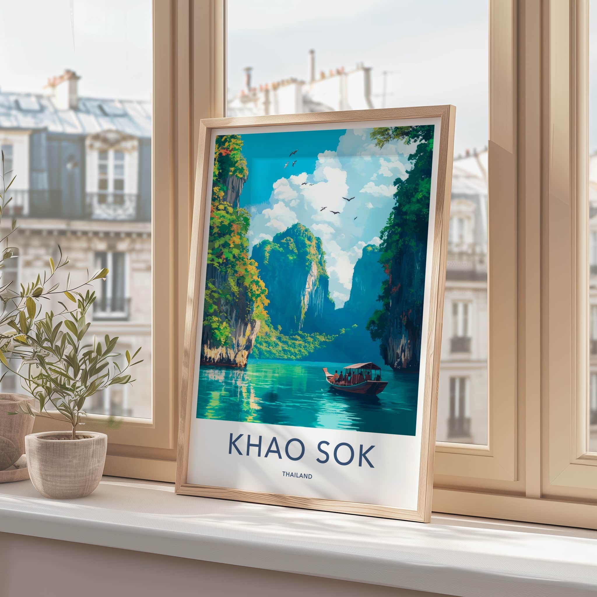 Khao Sok Poster - Thailand Travel Art - Boat Tropical Cliffs Home Decor