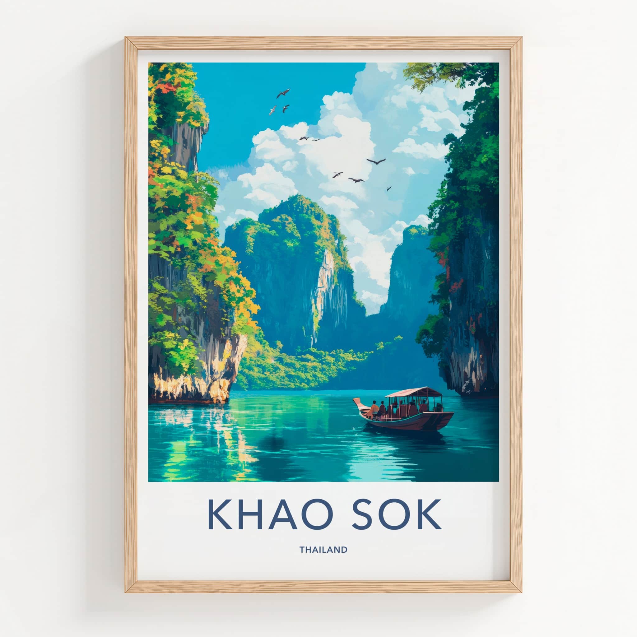 Khao Sok Poster - Thailand Travel Art - Boat Tropical Cliffs Home Decor
