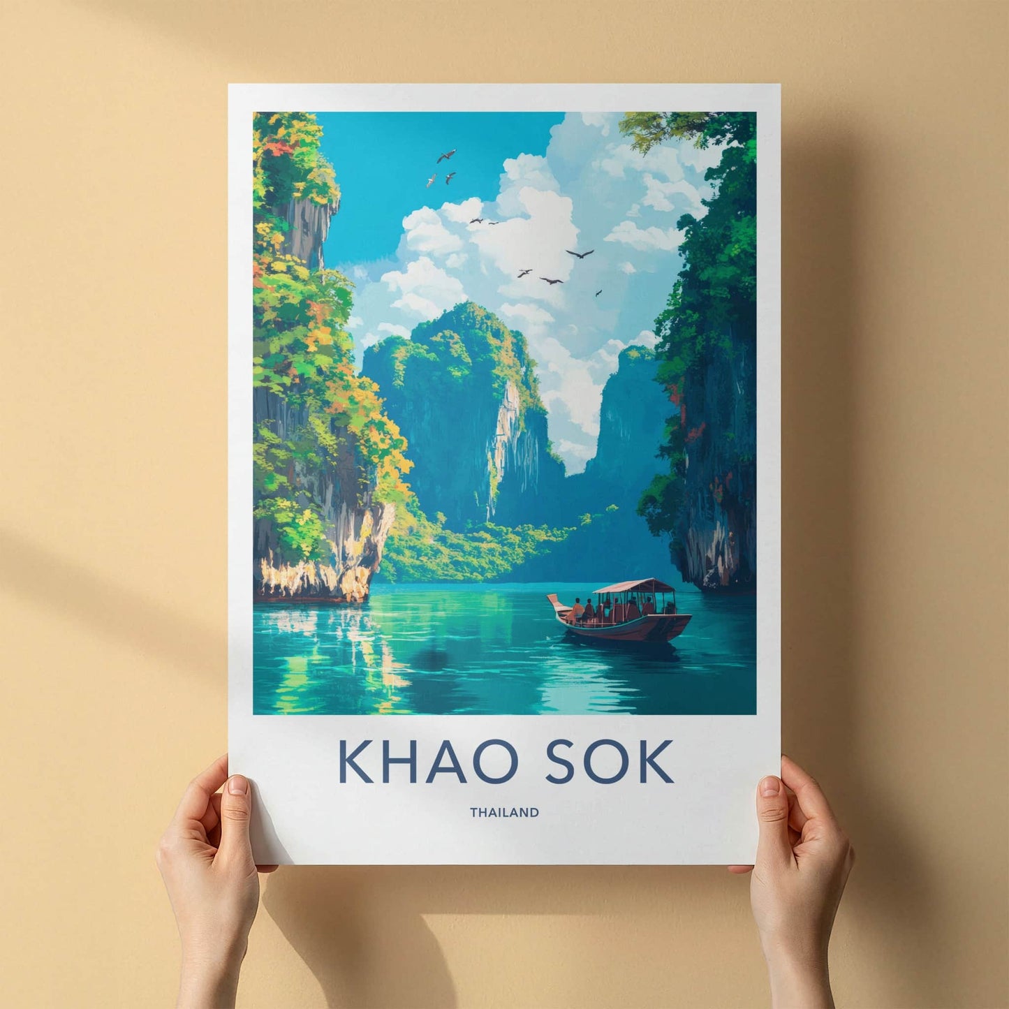 Khao Sok Poster - Thailand Travel Art - Boat Tropical Cliffs Home Decor