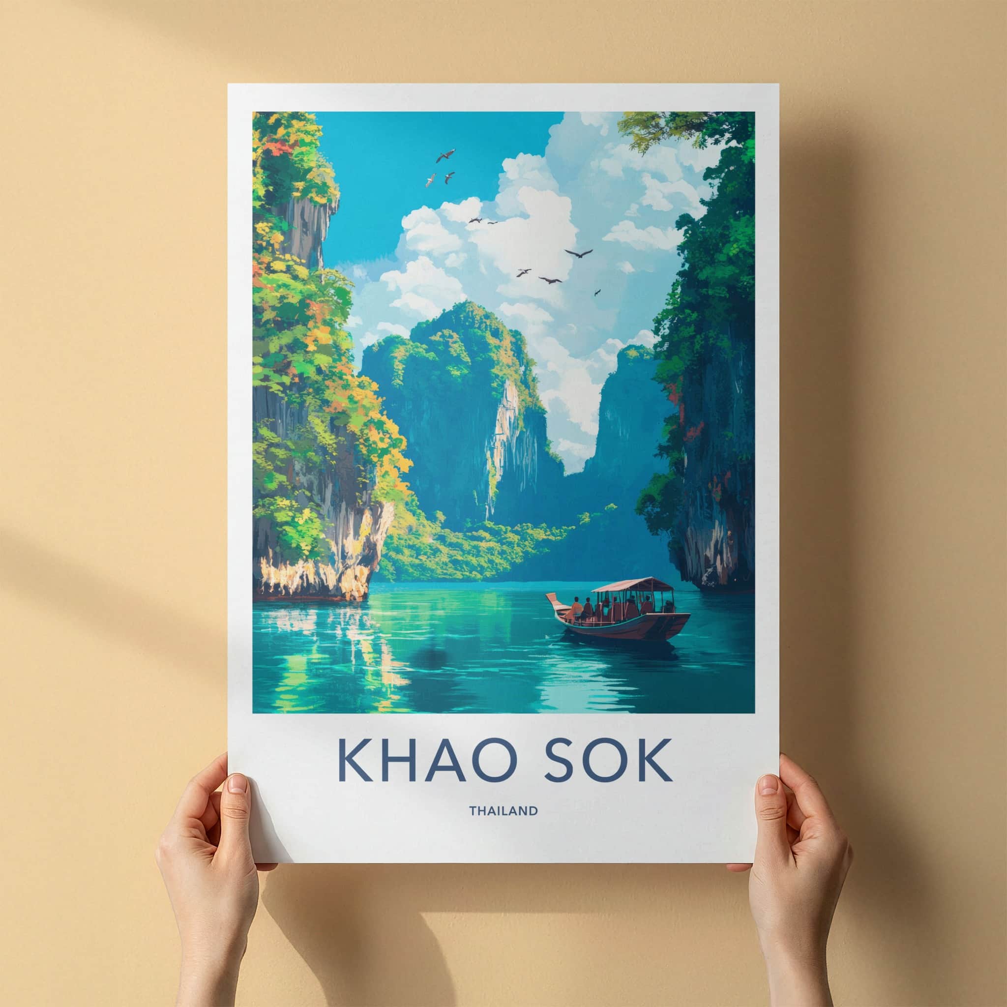 Khao Sok Poster - Thailand Travel Art - Boat Tropical Cliffs Home Decor