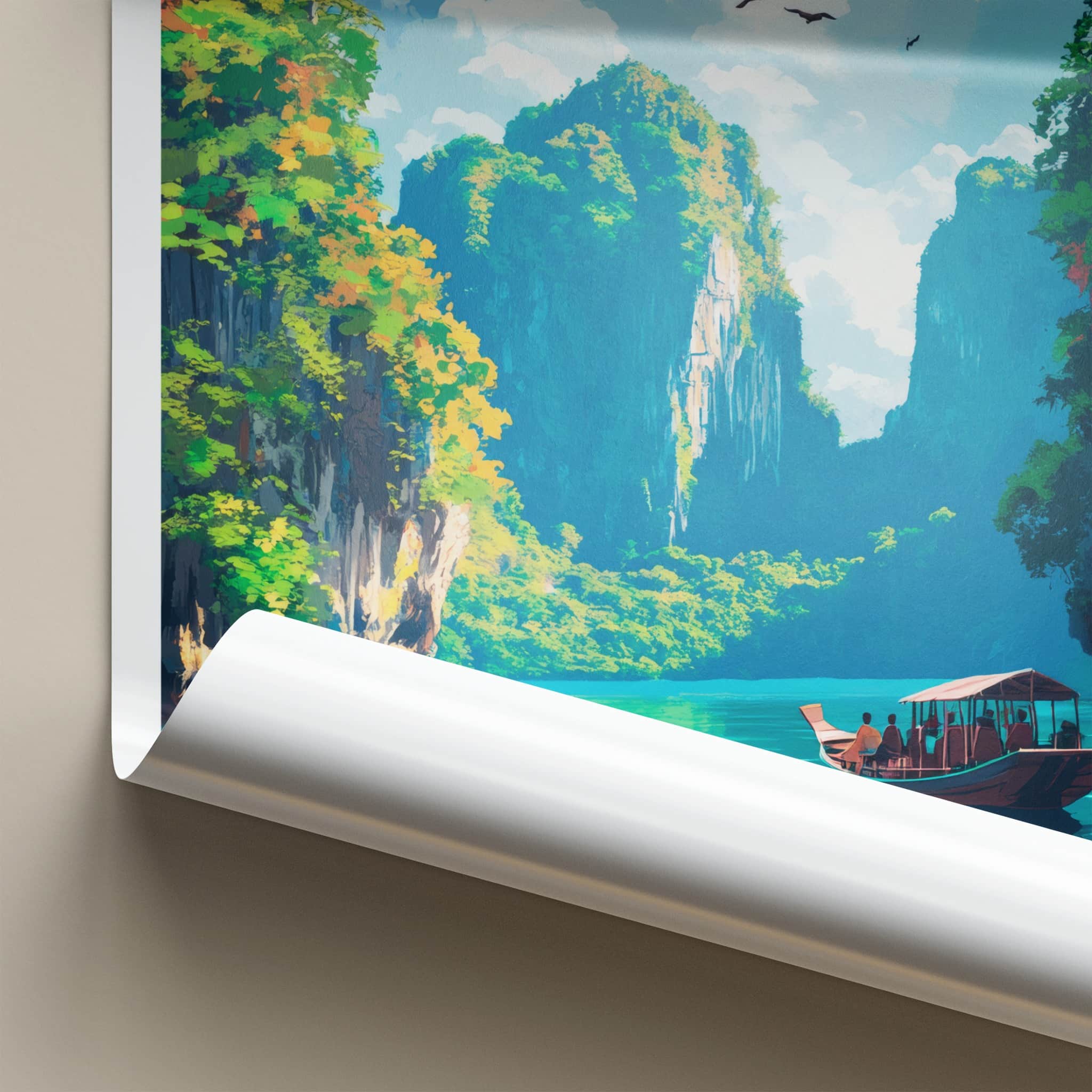 Khao Sok Poster - Thailand Travel Art - Boat Tropical Cliffs Home Decor