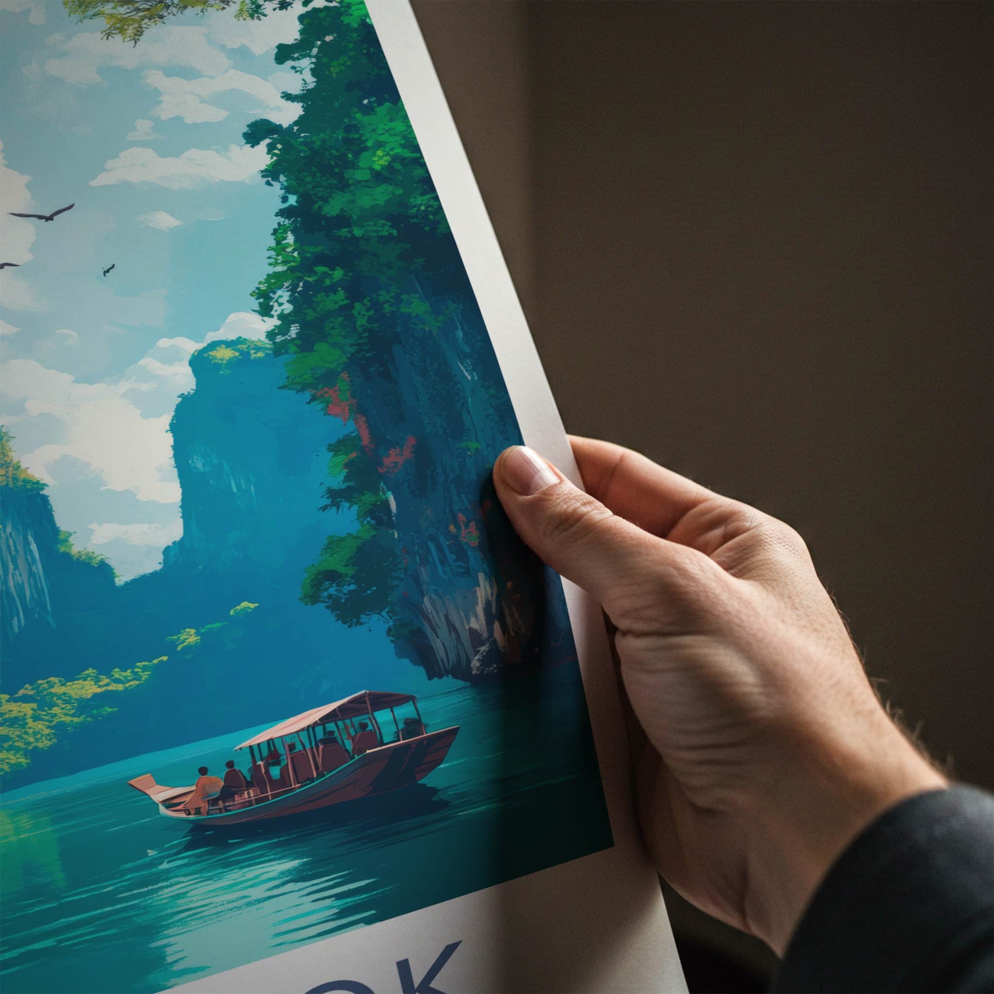 Khao Sok Poster - Thailand Travel Art - Boat Tropical Cliffs Home Decor