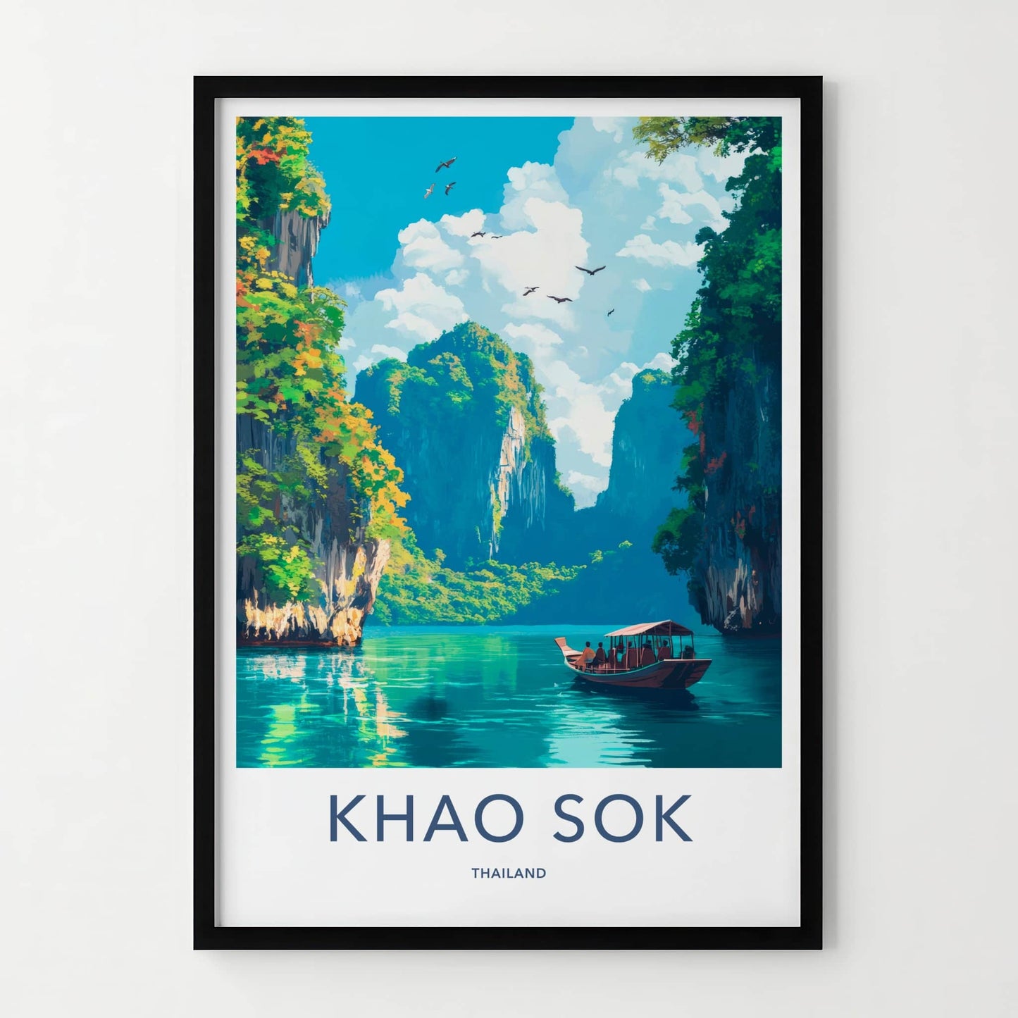 Khao Sok Poster - Thailand Travel Art - Boat Tropical Cliffs Home Decor