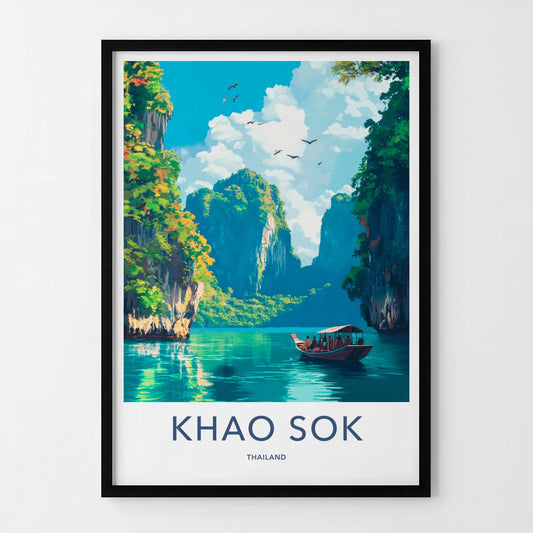 Khao Sok Poster - Thailand Travel Art - Boat Tropical Cliffs Home Decor