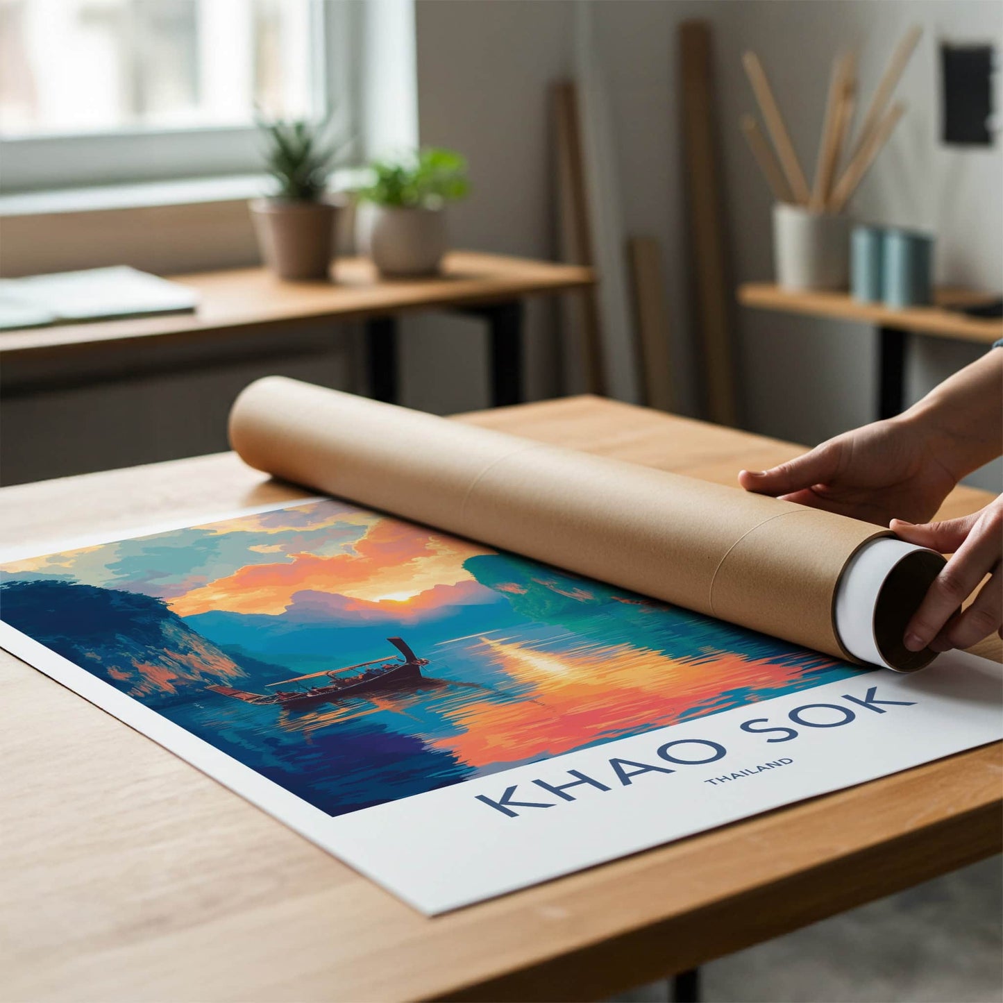 Khao Sok Poster - Thailand Travel Art - Longtail Boat Sunset Home Decor