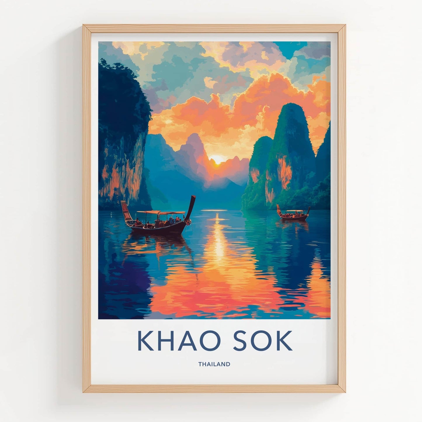 Khao Sok Poster - Thailand Travel Art - Longtail Boat Sunset Home Decor