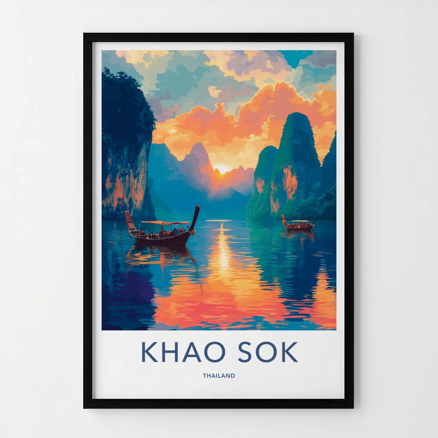 Khao Sok Poster - Thailand Travel Art - Longtail Boat Sunset Home Decor