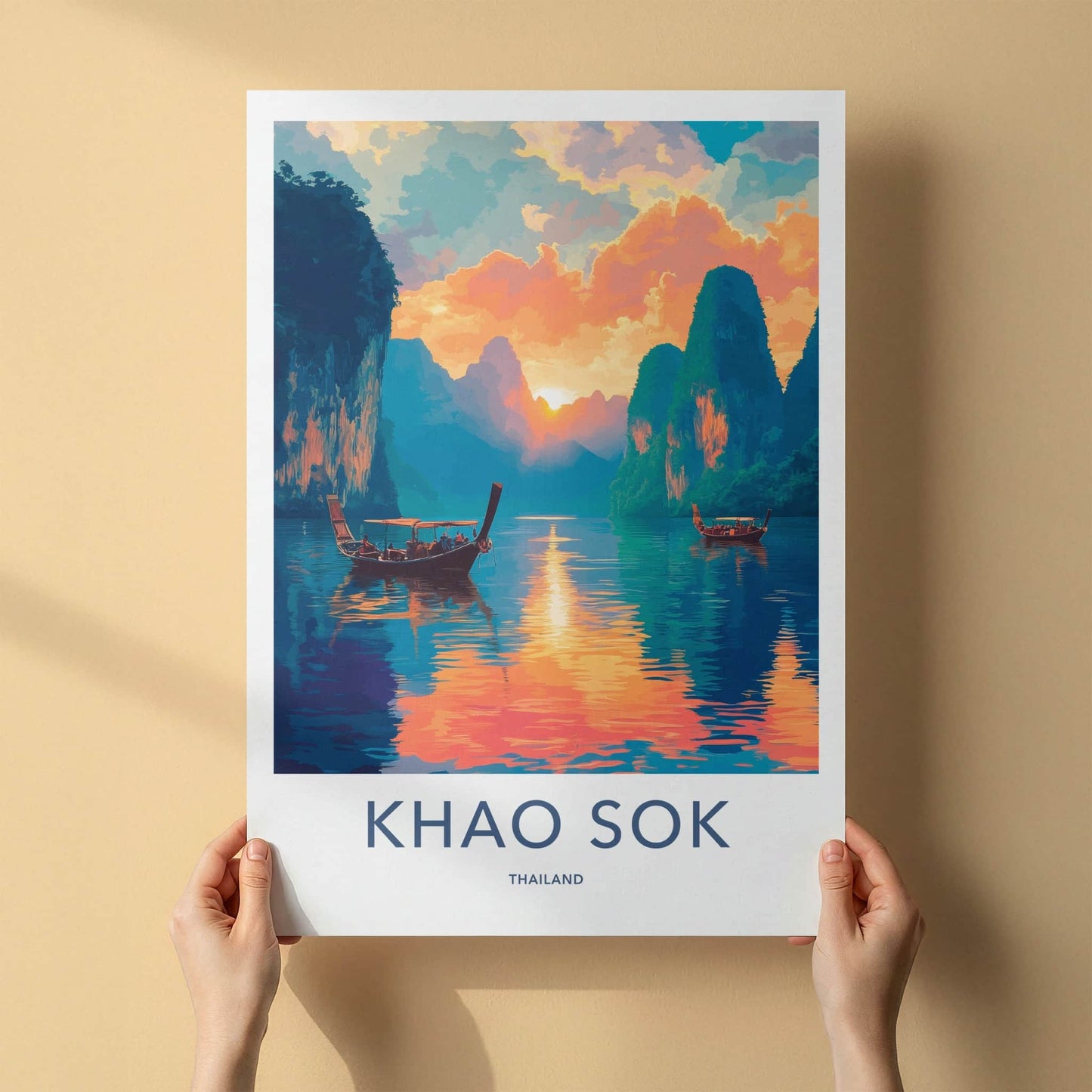 Khao Sok Poster - Thailand Travel Art - Longtail Boat Sunset Home Decor