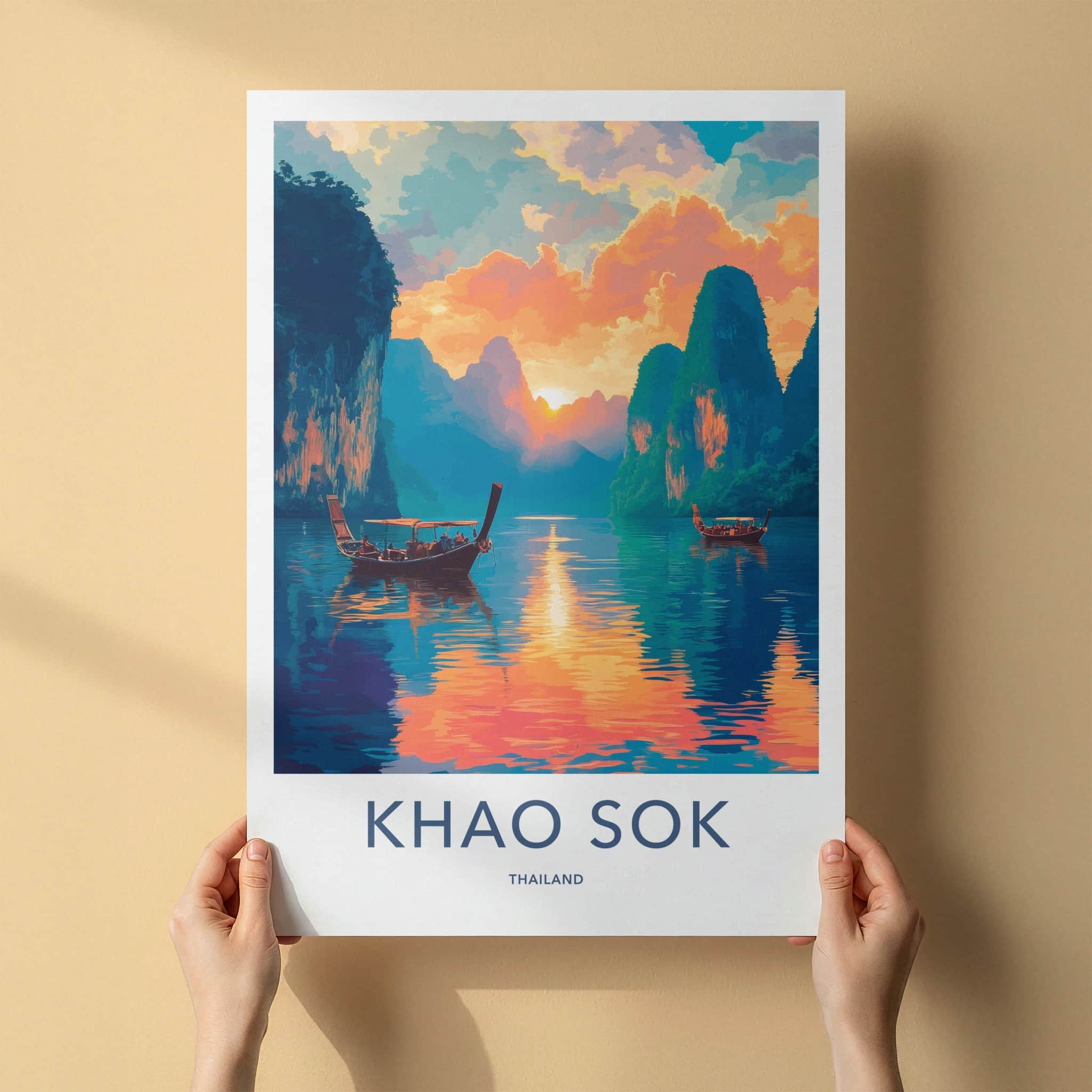 Khao Sok Poster - Thailand Travel Art - Longtail Boat Sunset Home Decor