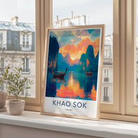 Khao Sok Poster - Thailand Travel Art - Longtail Boat Sunset Home Decor