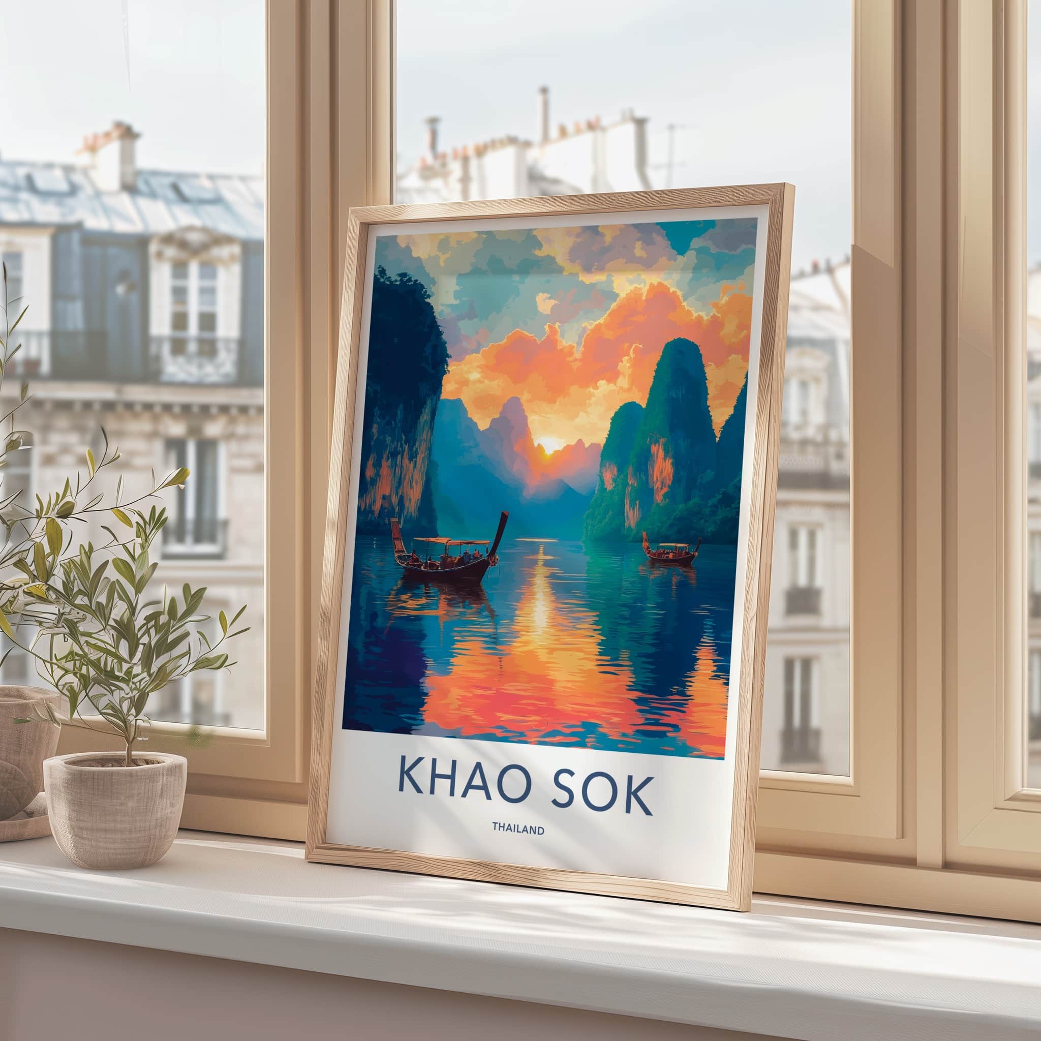 Khao Sok Poster - Thailand Travel Art - Longtail Boat Sunset Home Decor