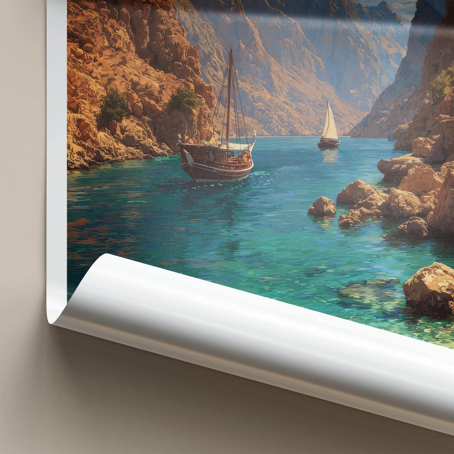 Khasab Poster - Oman Framed Print - Majestic Fjord Boats Framed Decor