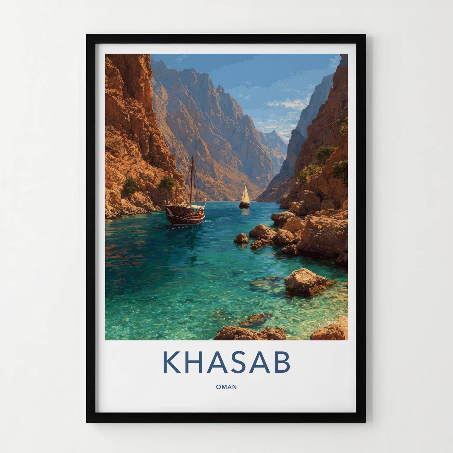 Khasab Poster - Oman Framed Print - Majestic Fjord Boats Framed Decor