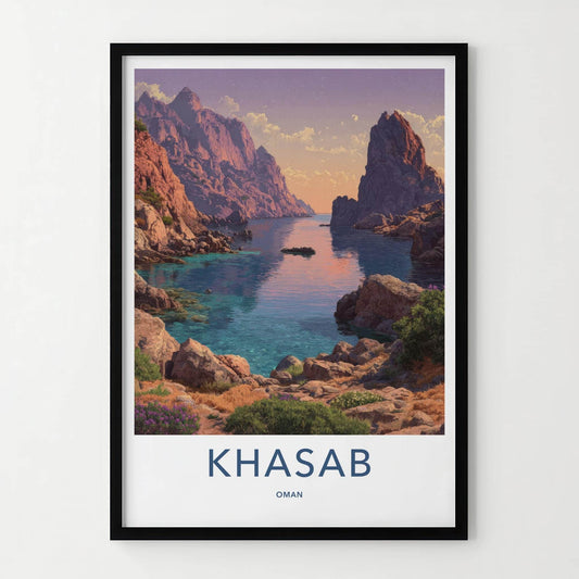 Khasab Poster - Oman Travel Art - Azure Water Cliffs Home Decor