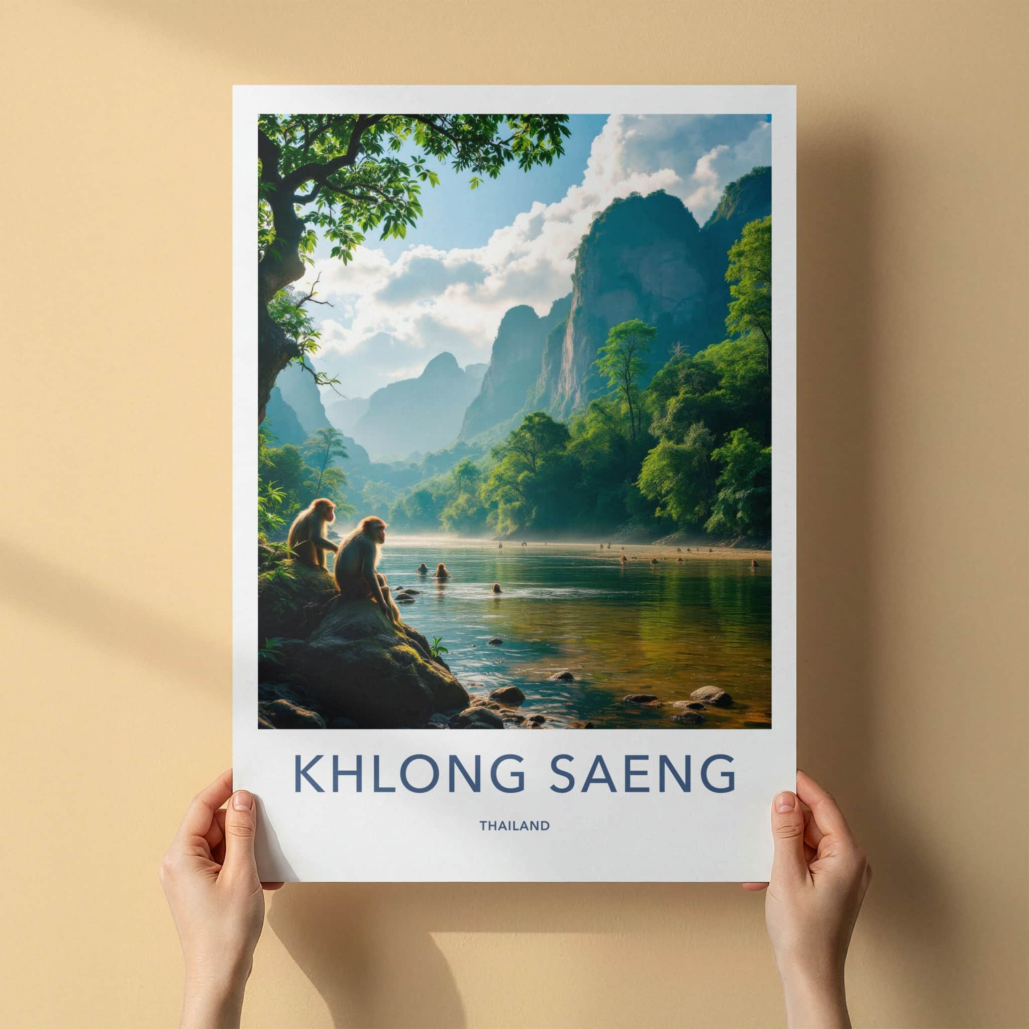 Khlong Saeng Poster - Thailand Travel Art - Monkeys River Mountains Home Decor