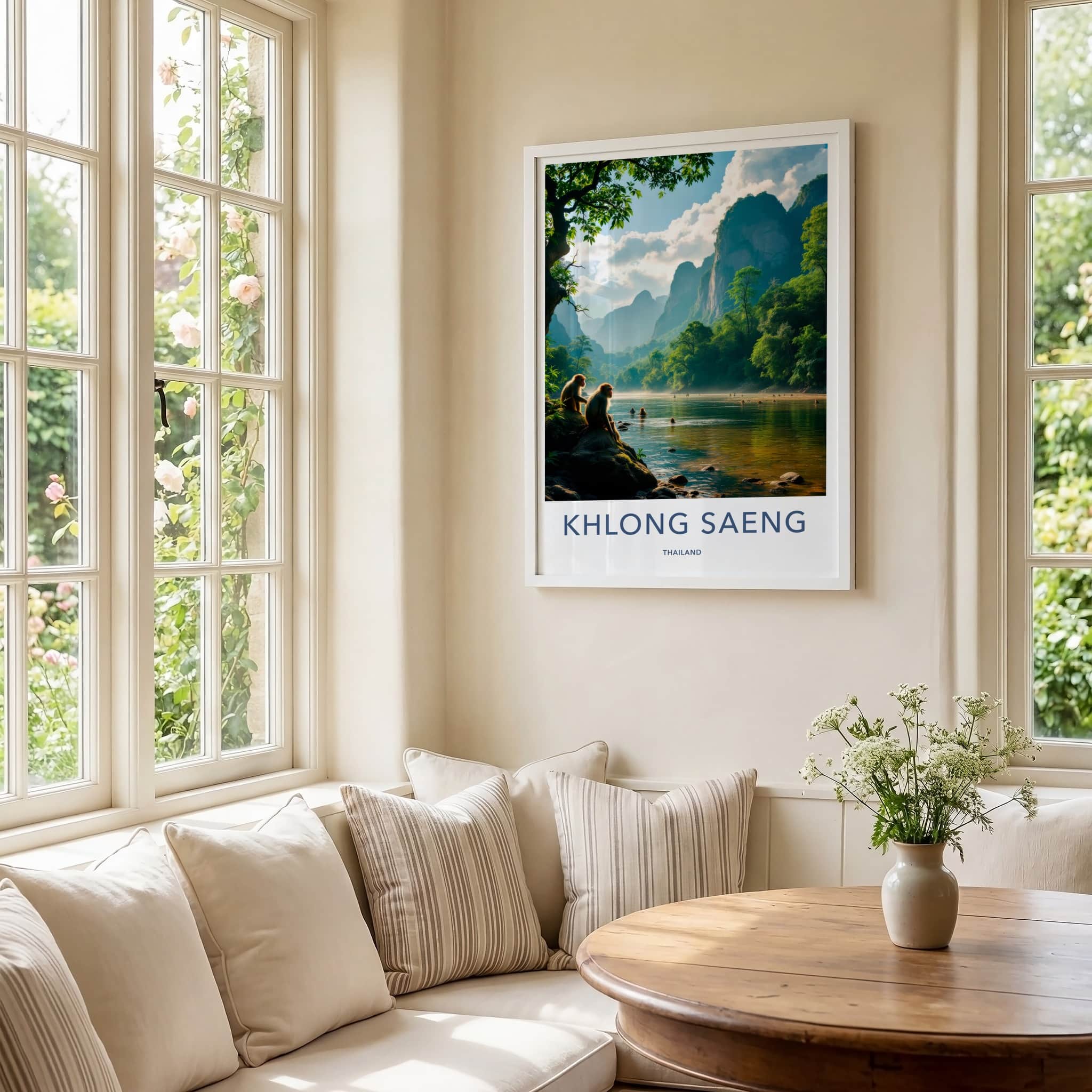 Khlong Saeng Poster - Thailand Travel Art - Monkeys River Mountains Home Decor