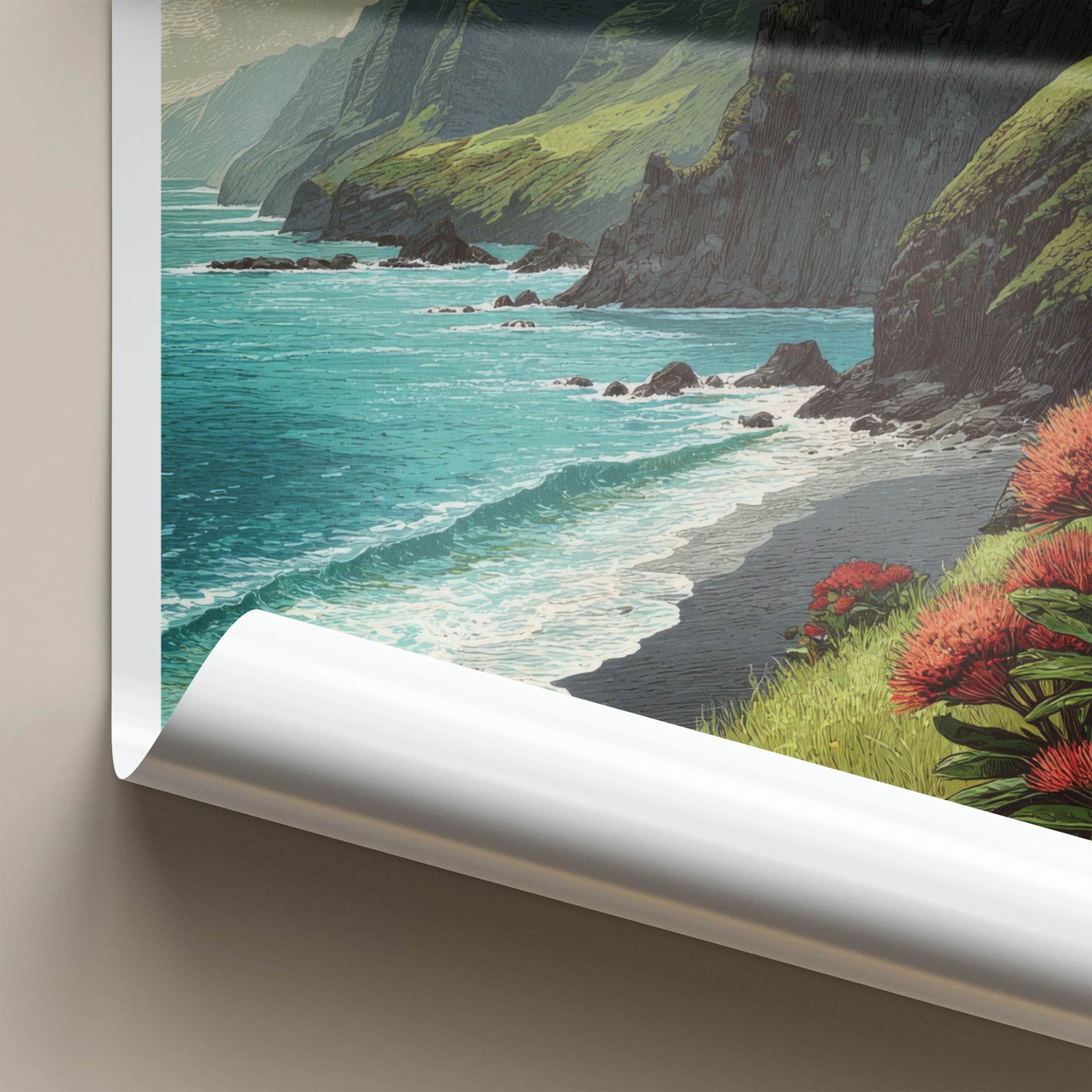 Kilauea Poster - Hawaii Travel Art - Coastal Cliffs Ohia Home Decor