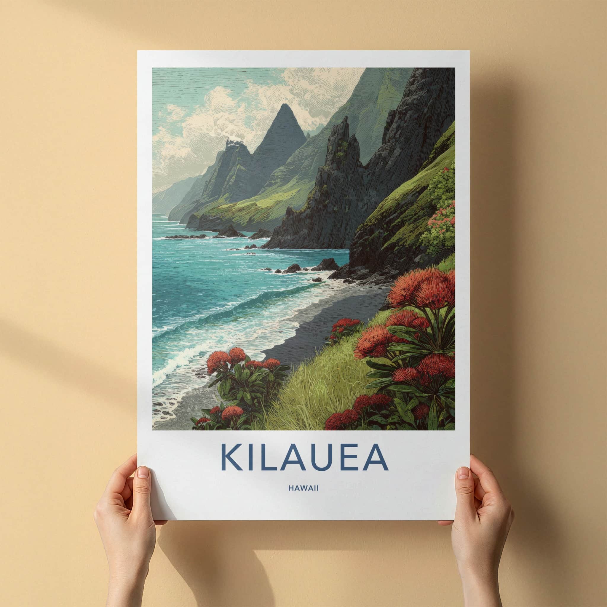 Kilauea Poster - Hawaii Travel Art - Coastal Cliffs Ohia Home Decor