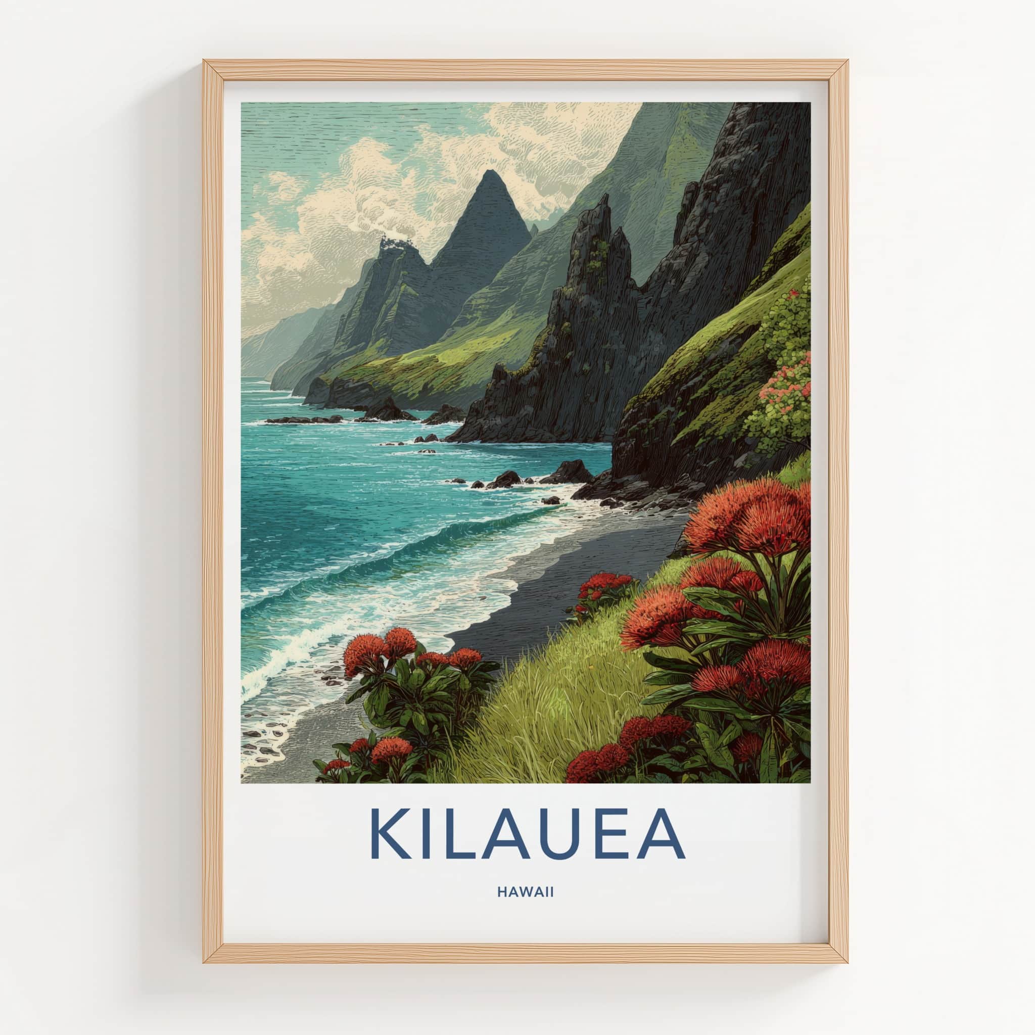 Kilauea Poster - Hawaii Travel Art - Coastal Cliffs Ohia Home Decor