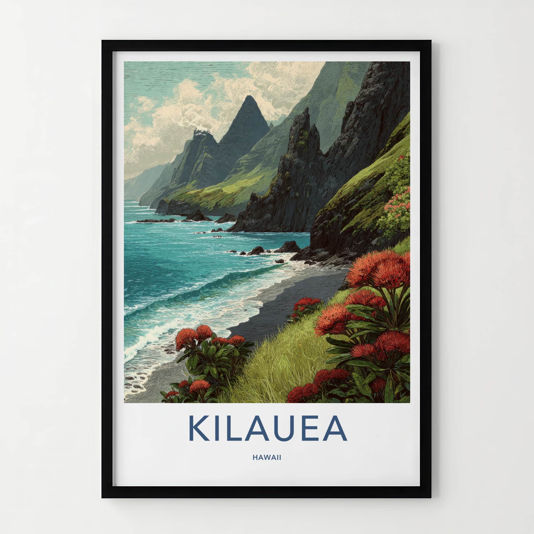 Kilauea Poster - Hawaii Travel Art - Coastal Cliffs Ohia Home Decor