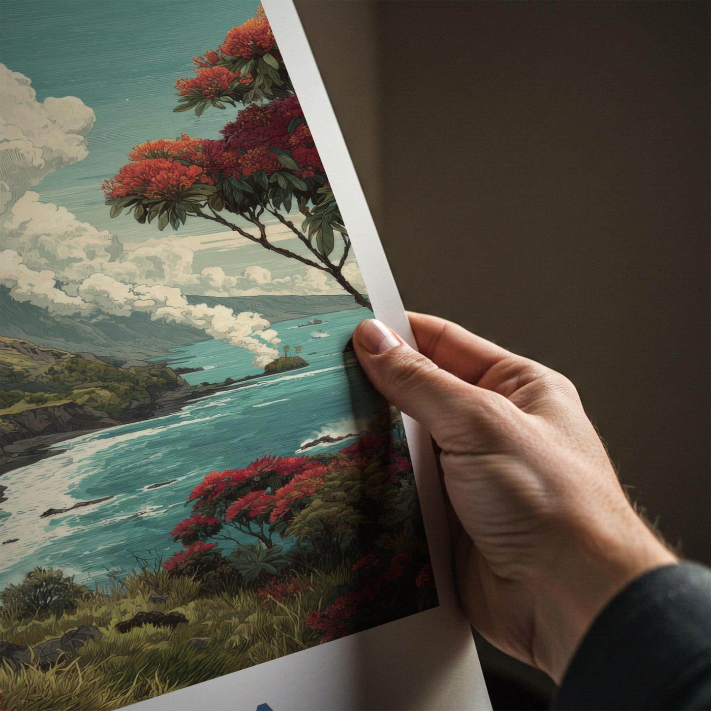 Kilauea Poster - Hawaii Travel Art - Volcanic Coastline Flowers Home Decor