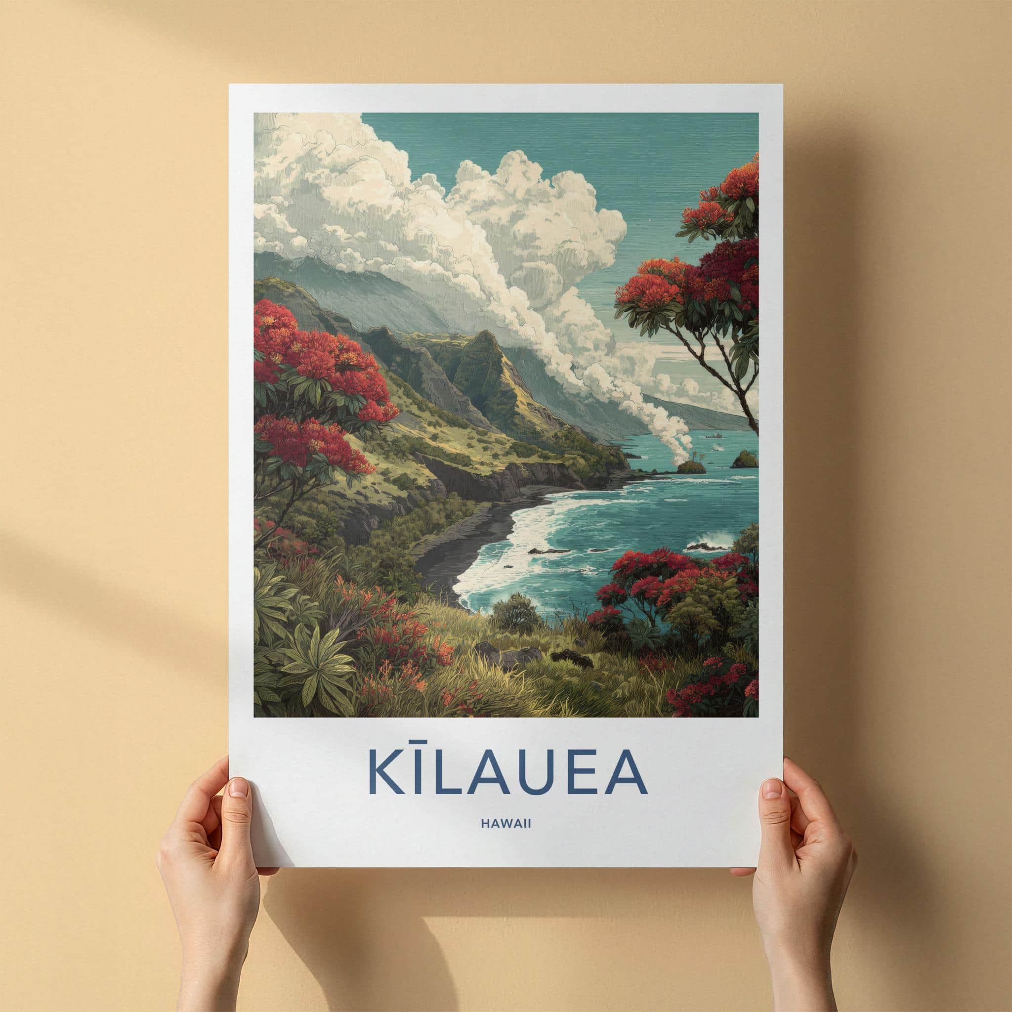 Kilauea Poster - Hawaii Travel Art - Volcanic Coastline Flowers Home Decor