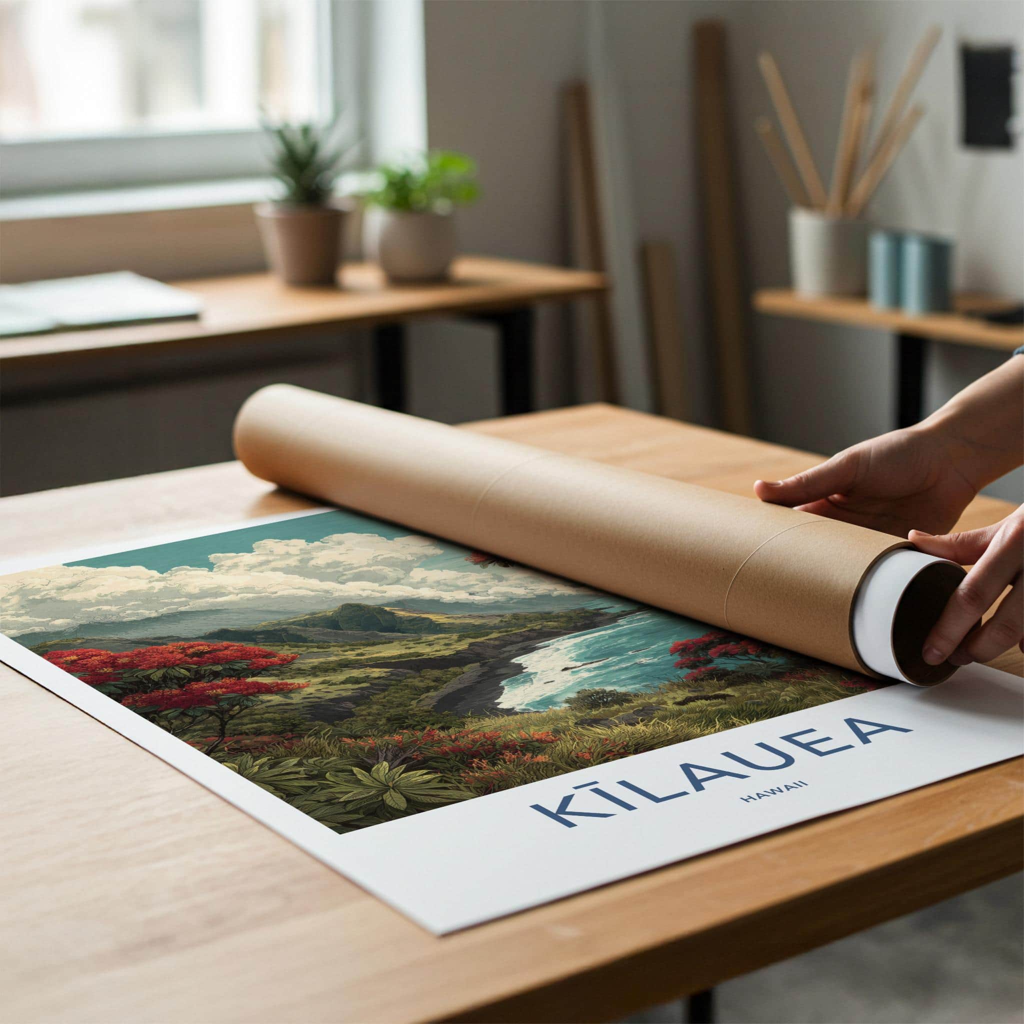Kilauea Poster - Hawaii Travel Art - Volcanic Coastline Flowers Home Decor