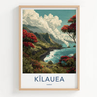 Kilauea Poster - Hawaii Travel Art - Volcanic Coastline Flowers Home Decor