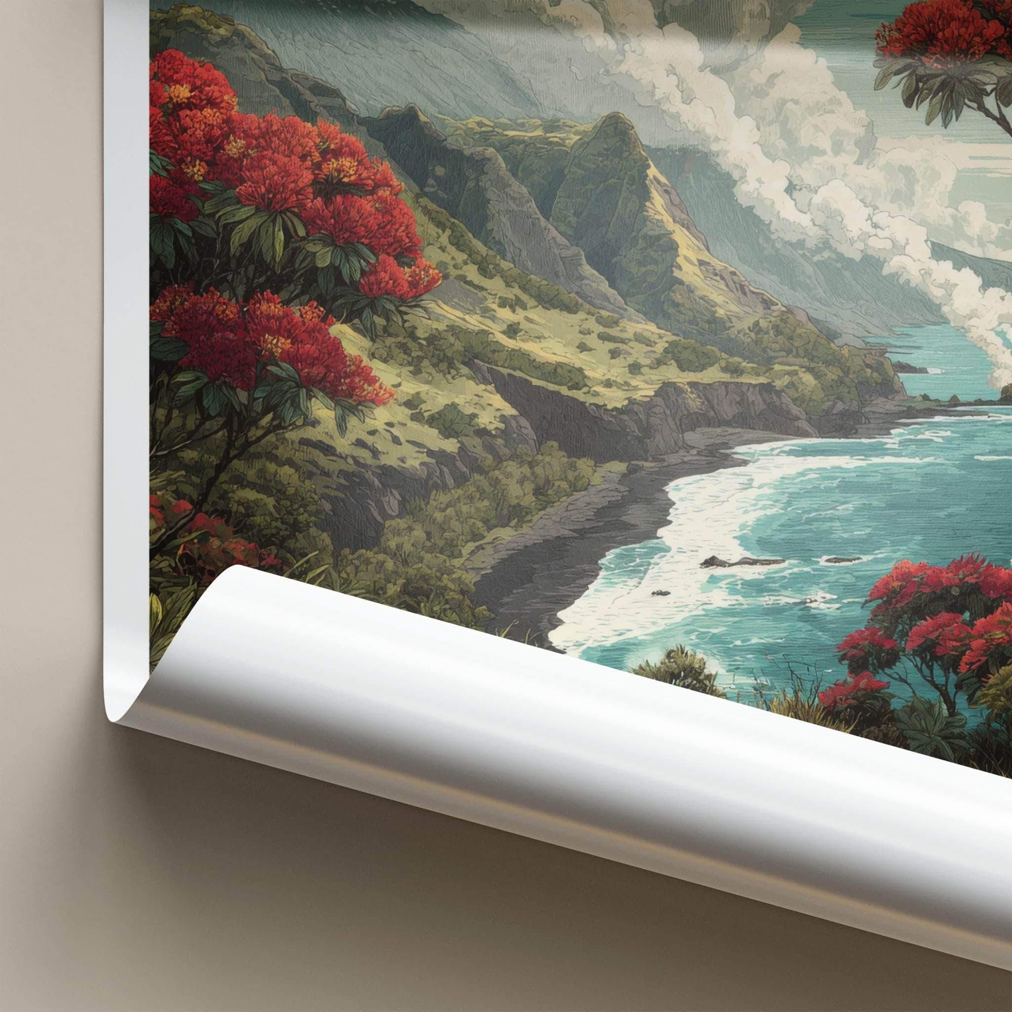 Kilauea Poster - Hawaii Travel Art - Volcanic Coastline Flowers Home Decor