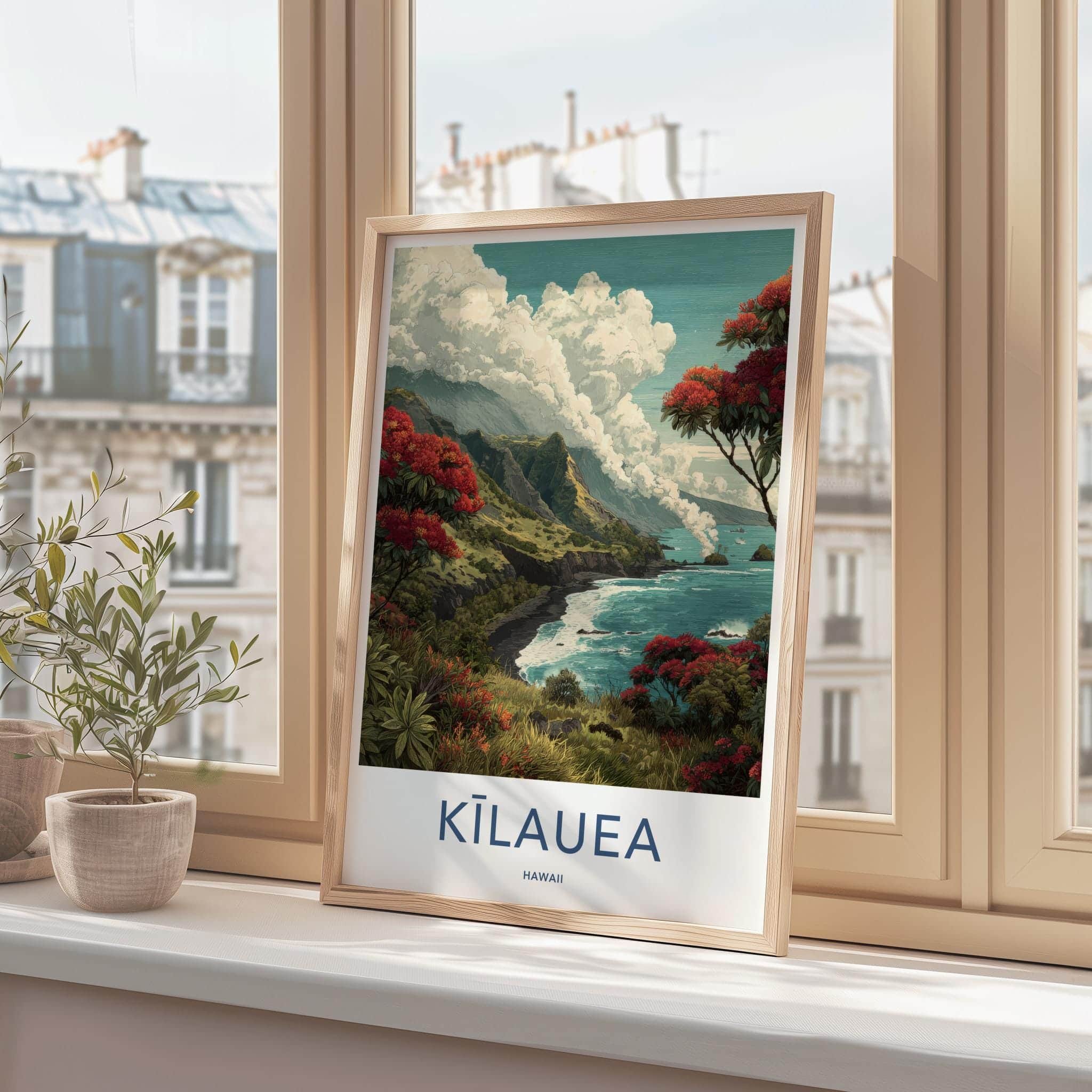 Kilauea Poster - Hawaii Travel Art - Volcanic Coastline Flowers Home Decor