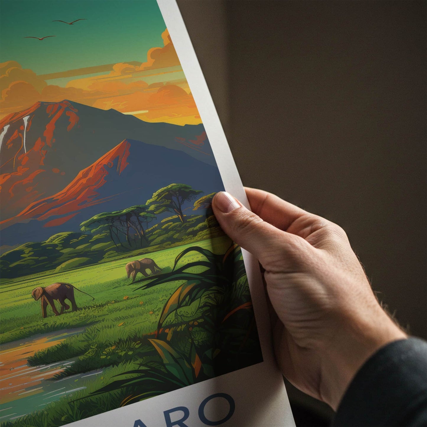 Kilimanjaro Poster - Tanzania Travel Art - Elephants Golden Sunset Home Decor