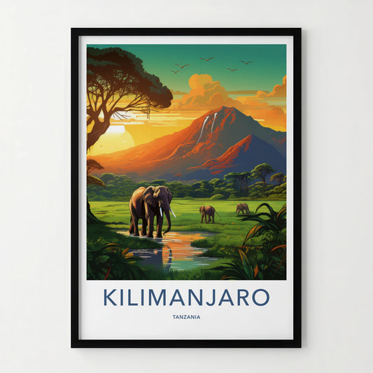 Kilimanjaro Poster - Tanzania Travel Art - Elephants Golden Sunset Home Decor